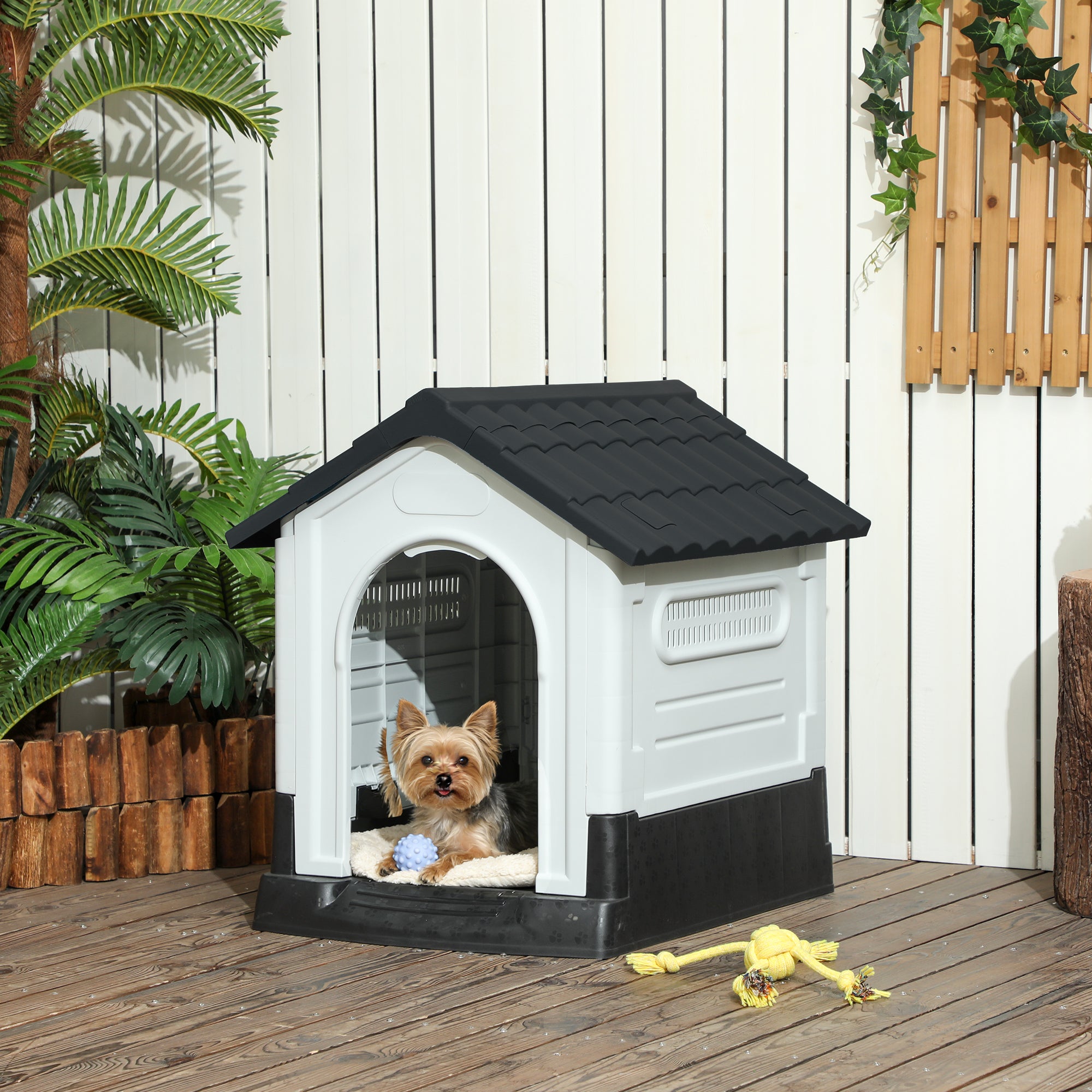 Outdoor Dog House, Plastic Dog Kennel, Water-Resistant Pet Shelter with Windows, Base Support for Garden Patio, Miniature Dogs, 25" x 22" x 26" - Dark Grey