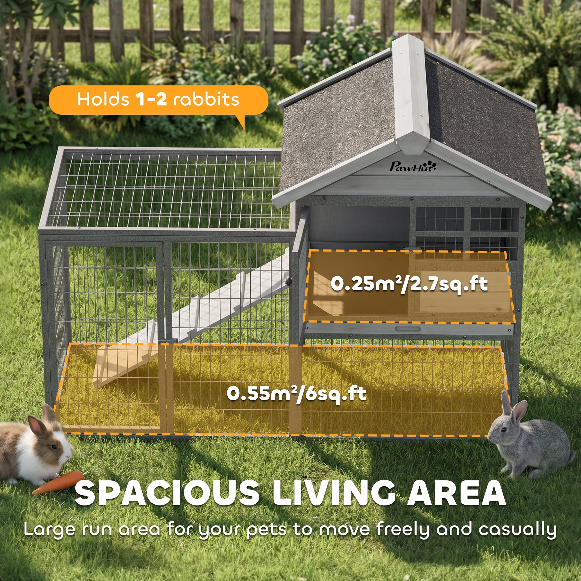 Rabbit Hutch Outdoor, 48"L Large Wooden Bunny Cage with Run, Robust Metal Frame, Removable Plastic Tray, Asphalt Roof, Ramp, Guinea Pig Cage for 1-2 Rabbits, Grey