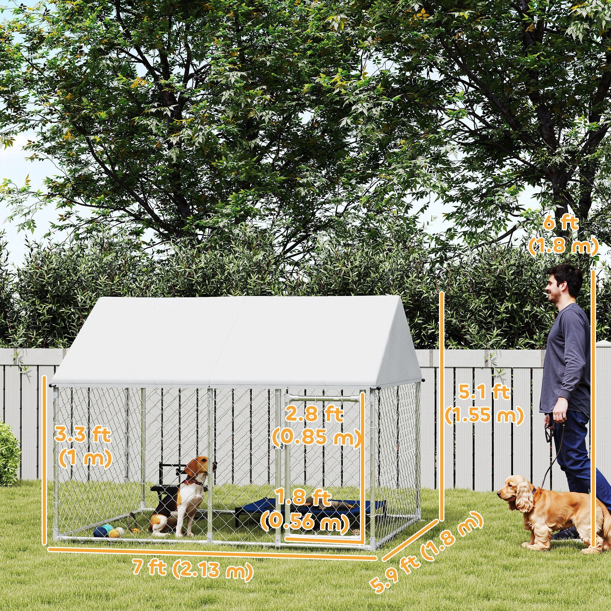 Outdoor Dog Kennel with Roof, Heavy Duty Galvanized Steel Dog Run Chain Link w/ Waterproof UV-Resistant Cover, Safety Lockable Latch System, 2.1' x 1.8' x 1.6'