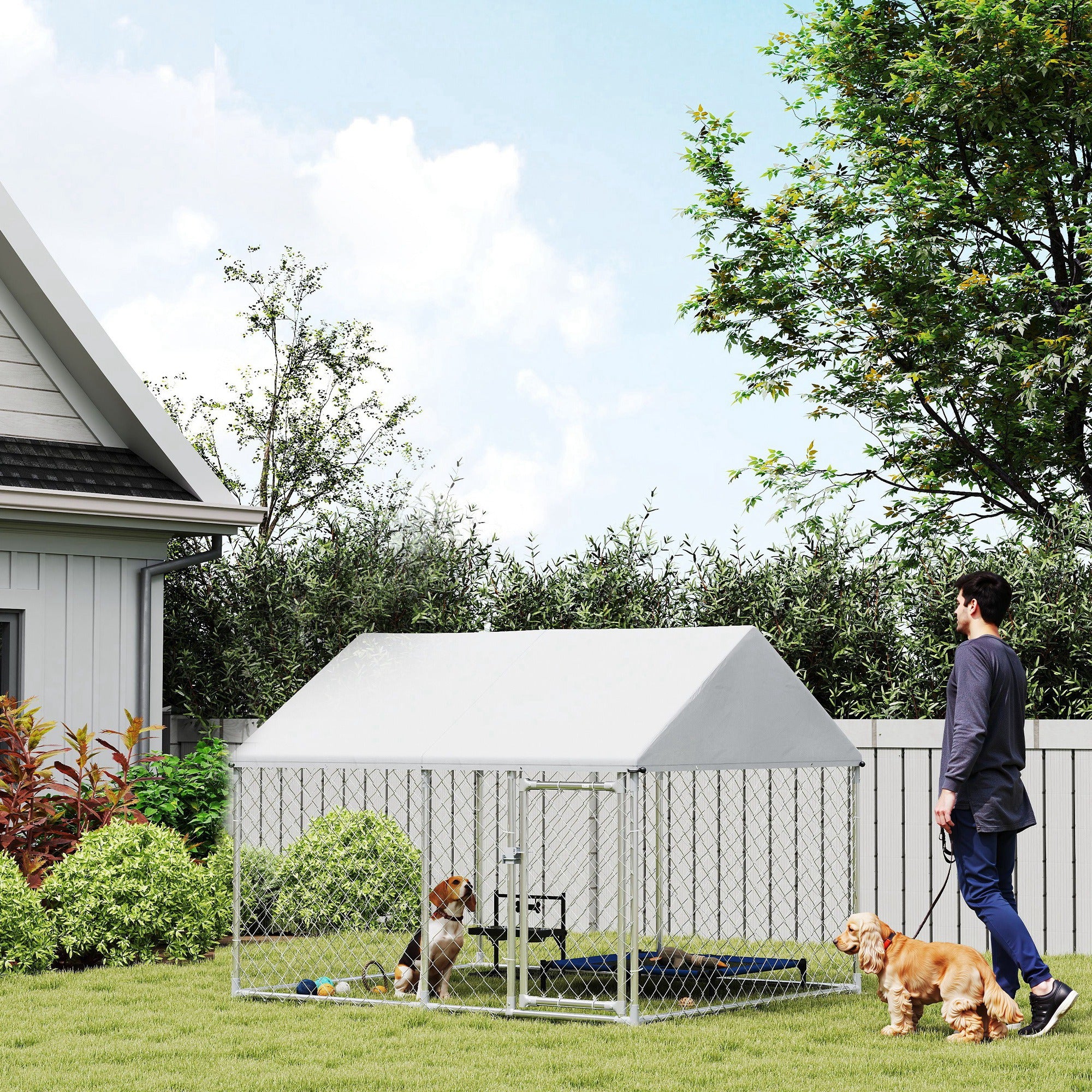 Outdoor Dog Kennel with Roof, Heavy Duty Galvanized Steel Dog Run Chain Link w/ Waterproof UV-Resistant Cover, Safety Lockable Latch System, 2.1' x 1.8' x 1.6'