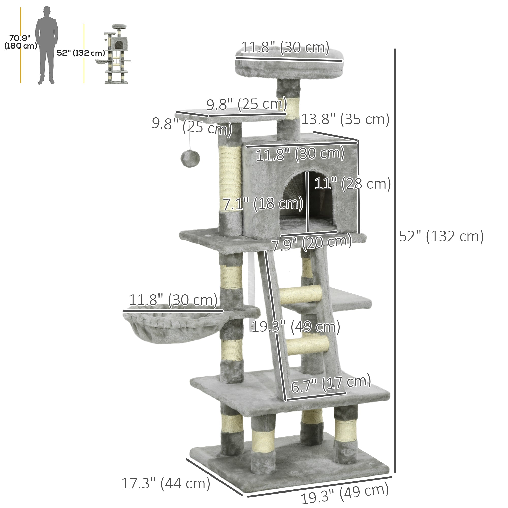 Cat Tree, Cat Tower for Indoor Cats with Sisal Scratching Post, Cat Condo, Hammock, Bed, Ladder, Platforms, Toy Balls for Kittens, Light Grey