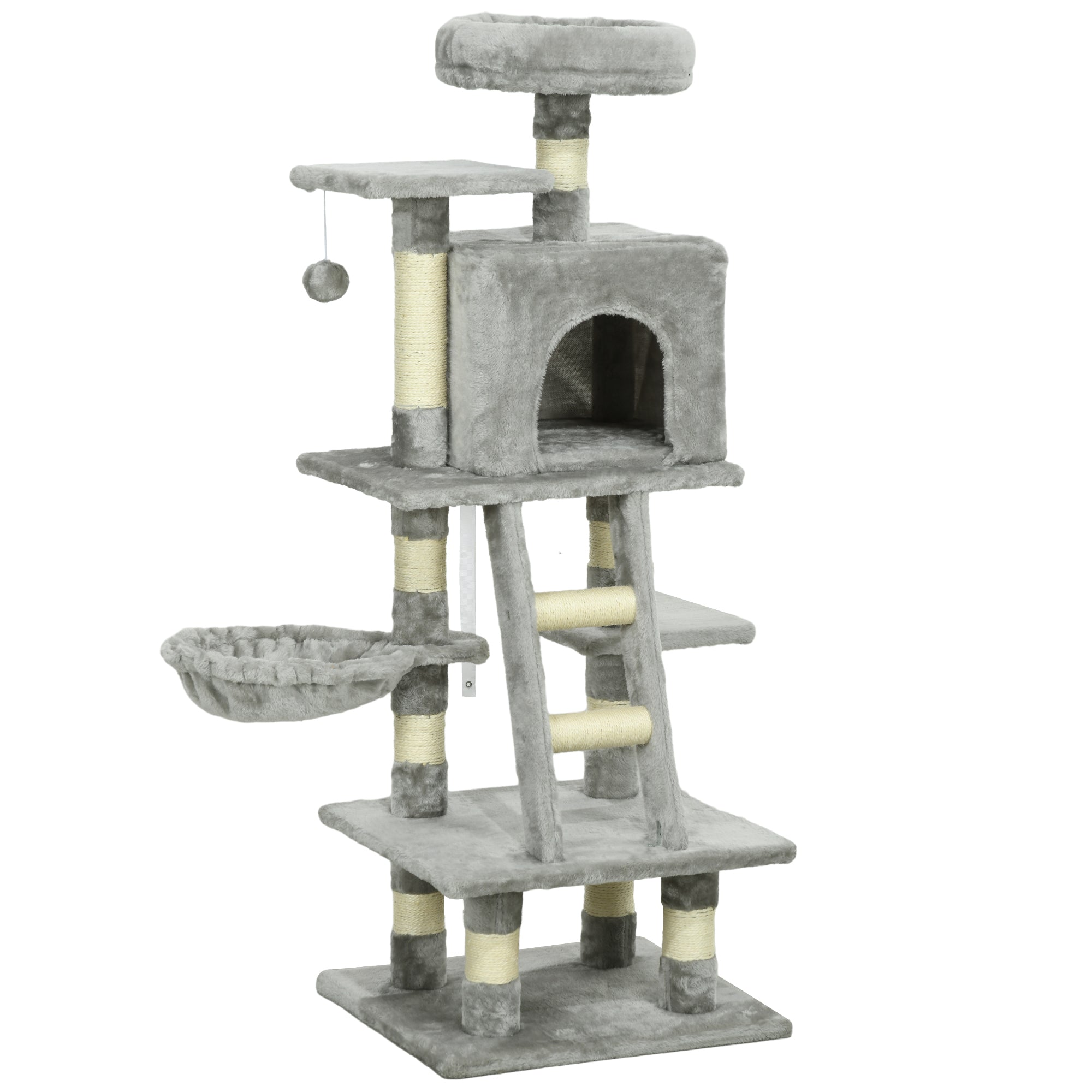 Cat Tree, Cat Tower for Indoor Cats with Sisal Scratching Post, Cat Condo, Hammock, Bed, Ladder, Platforms, Toy Balls for Kittens, Light Grey