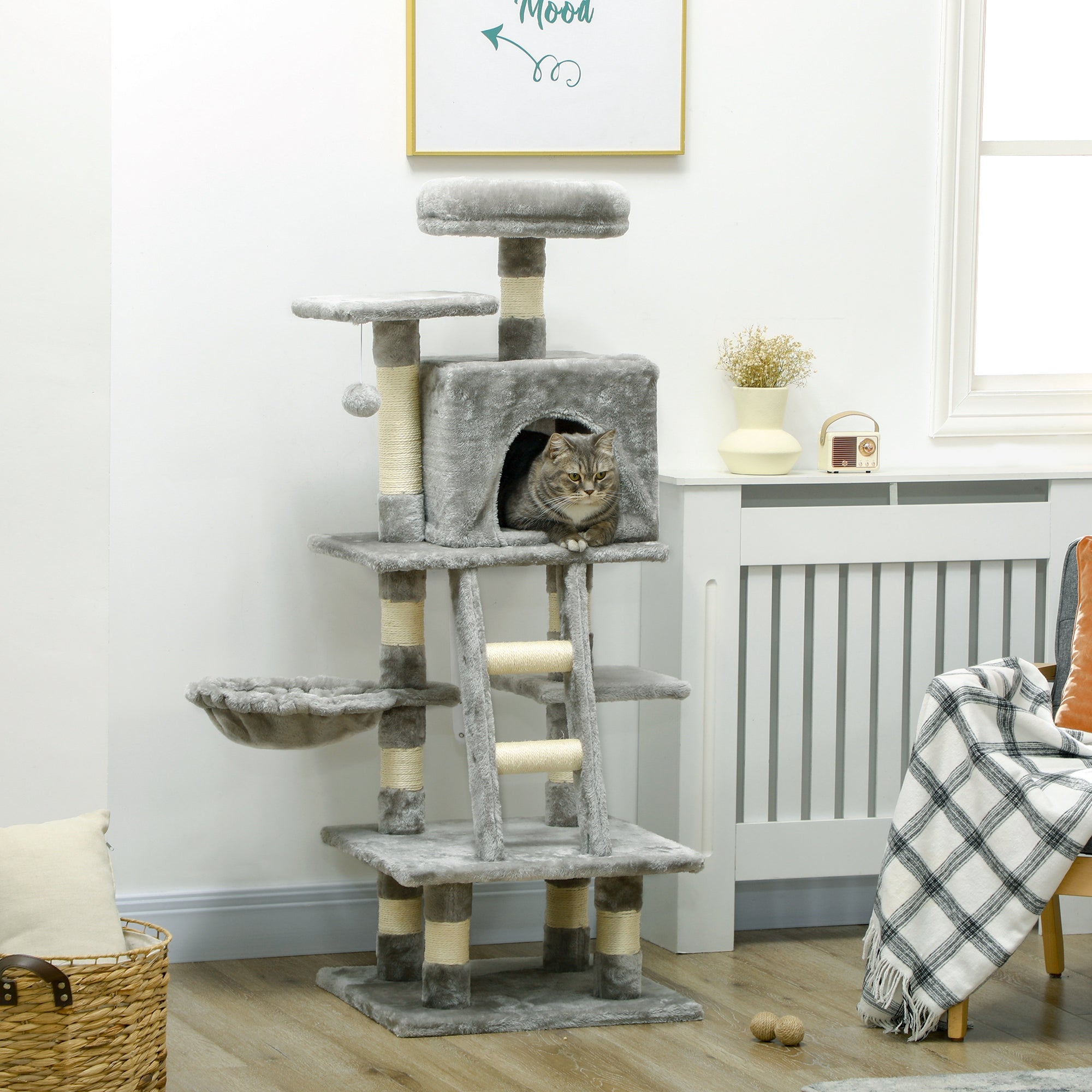 Cat Tree, Cat Tower for Indoor Cats with Sisal Scratching Post, Cat Condo, Hammock, Bed, Ladder, Platforms, Toy Balls for Kittens, Light Grey