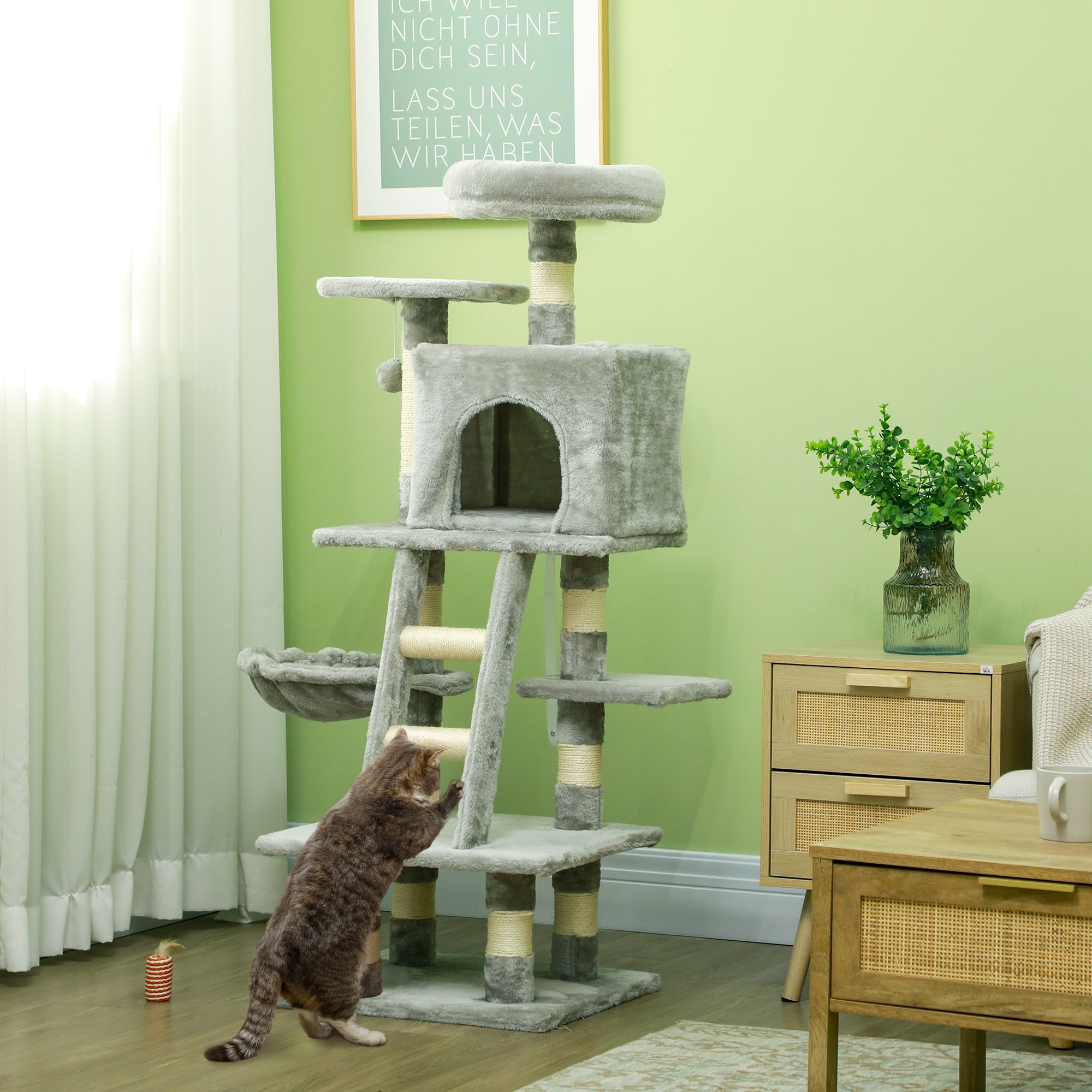 Cat Tree, Cat Tower for Indoor Cats with Sisal Scratching Post, Cat Condo, Hammock, Bed, Ladder, Platforms, Toy Balls for Kittens, Light Grey