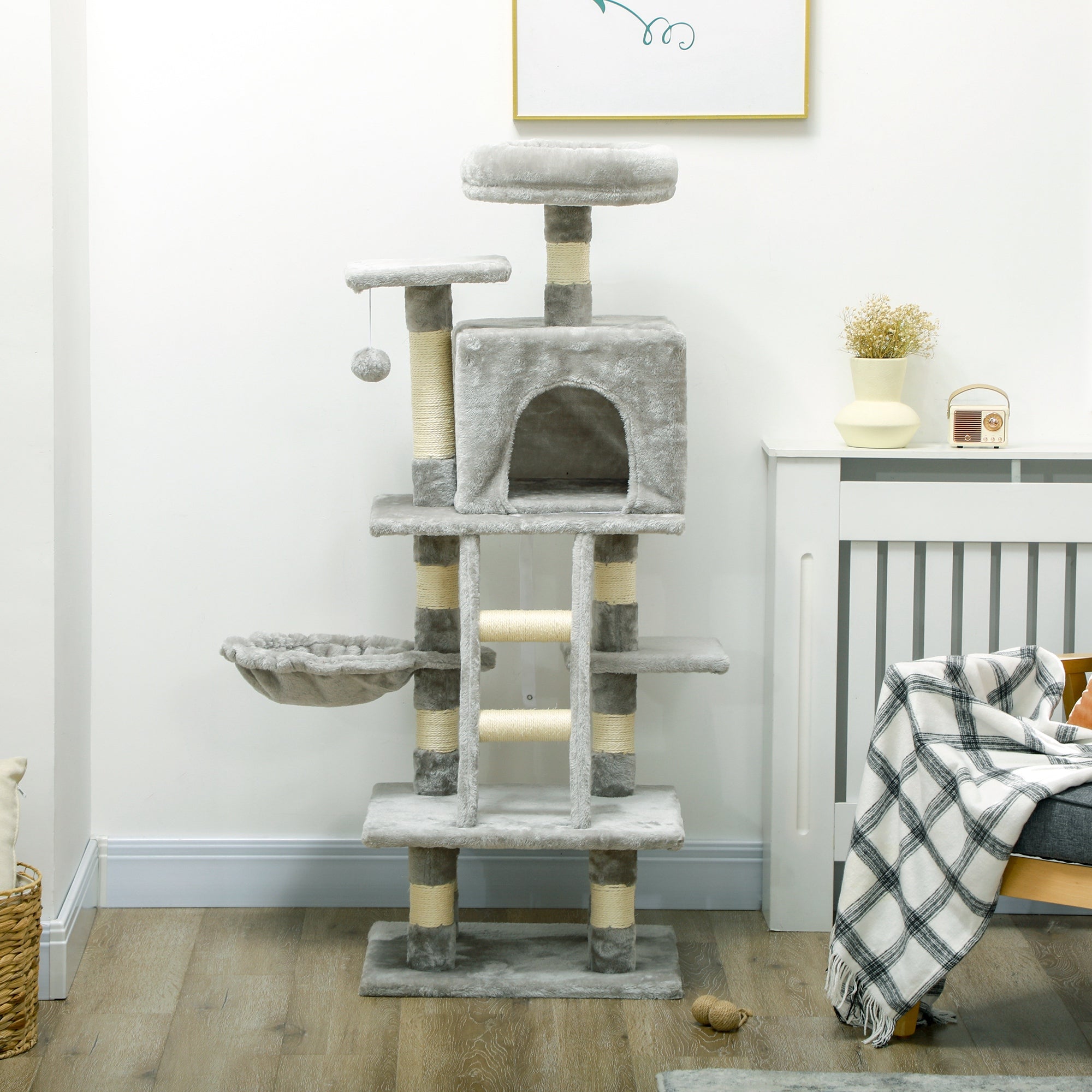 Cat Tree, Cat Tower for Indoor Cats with Sisal Scratching Post, Cat Condo, Hammock, Bed, Ladder, Platforms, Toy Balls for Kittens, Light Grey
