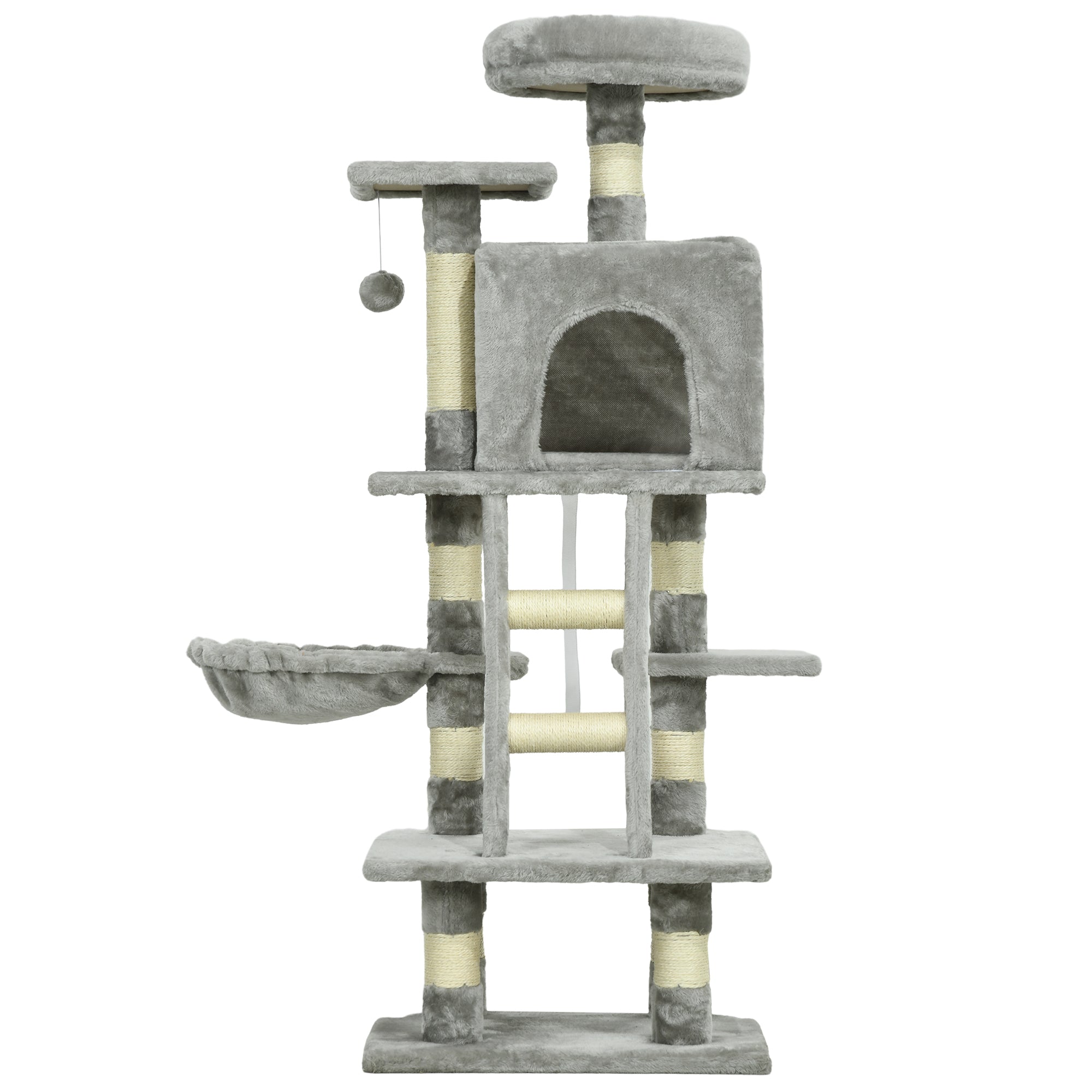 Cat Tree, Cat Tower for Indoor Cats with Sisal Scratching Post, Cat Condo, Hammock, Bed, Ladder, Platforms, Toy Balls for Kittens, Light Grey