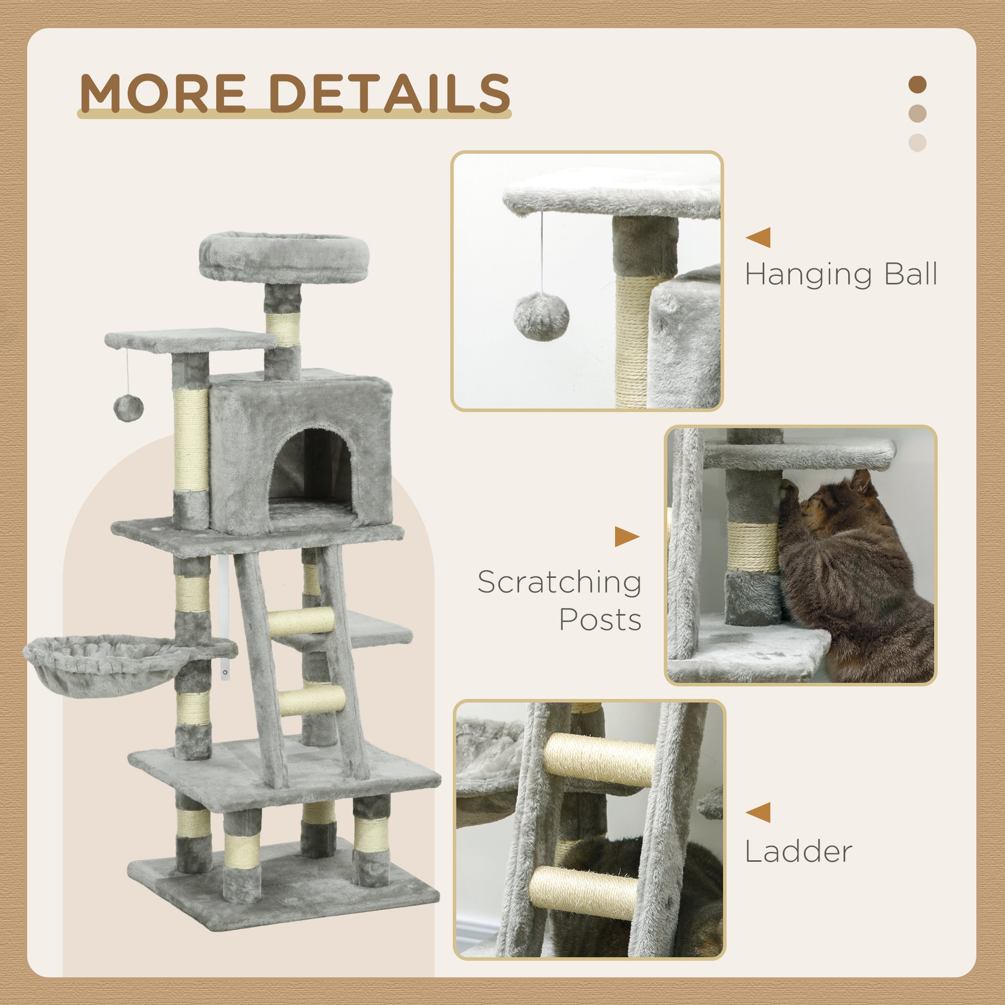 Cat Tree, Cat Tower for Indoor Cats with Sisal Scratching Post, Cat Condo, Hammock, Bed, Ladder, Platforms, Toy Balls for Kittens, Light Grey