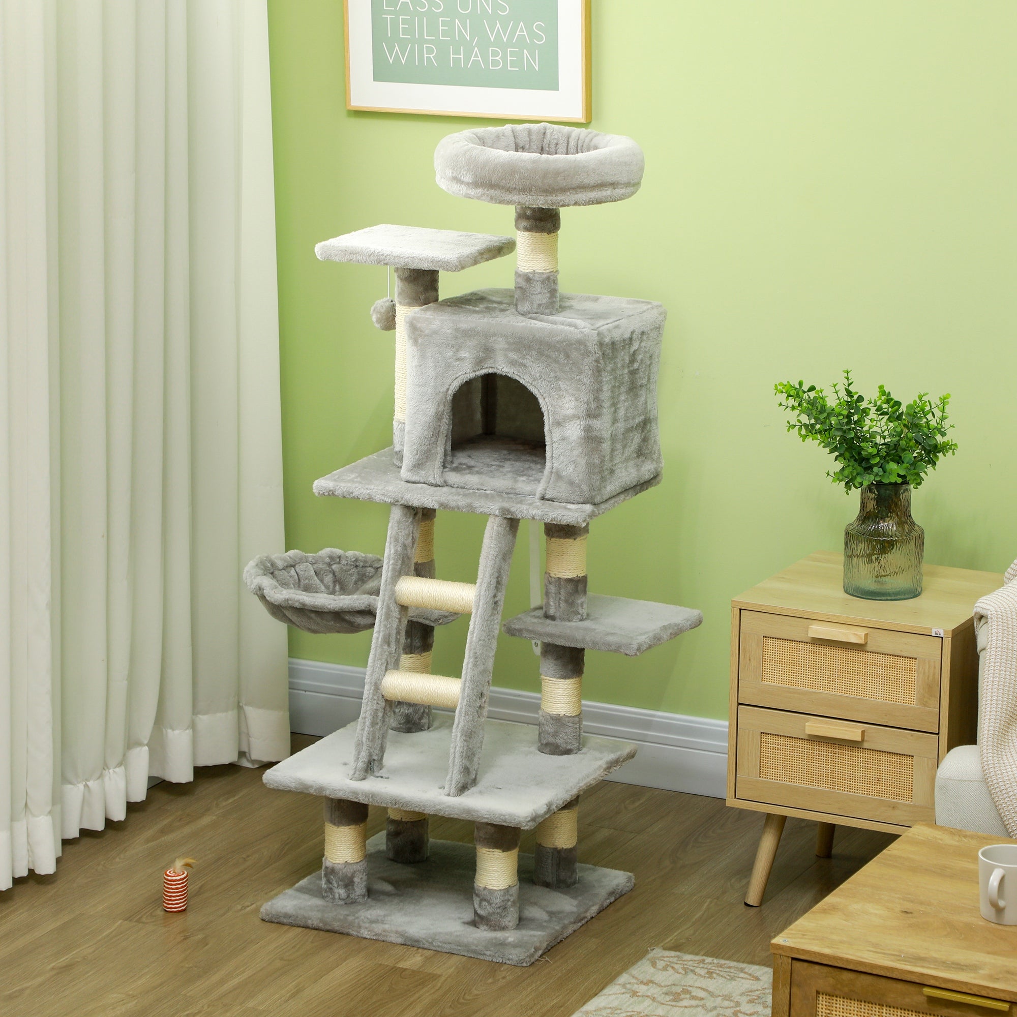 Cat Tree, Cat Tower for Indoor Cats with Sisal Scratching Post, Cat Condo, Hammock, Bed, Ladder, Platforms, Toy Balls for Kittens, Light Grey
