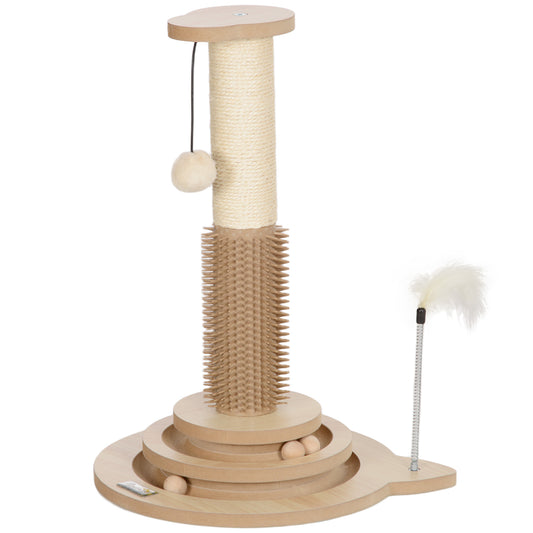 Cat Scratching Post, 49cm Cat Scratcher with Sisal Post, Interactive Track Ball Toy, Self Grooming Brush, Hanging Toy Ball, Feather, 5 in 1 Small Kitten Cat Scratch post, Oak Tone