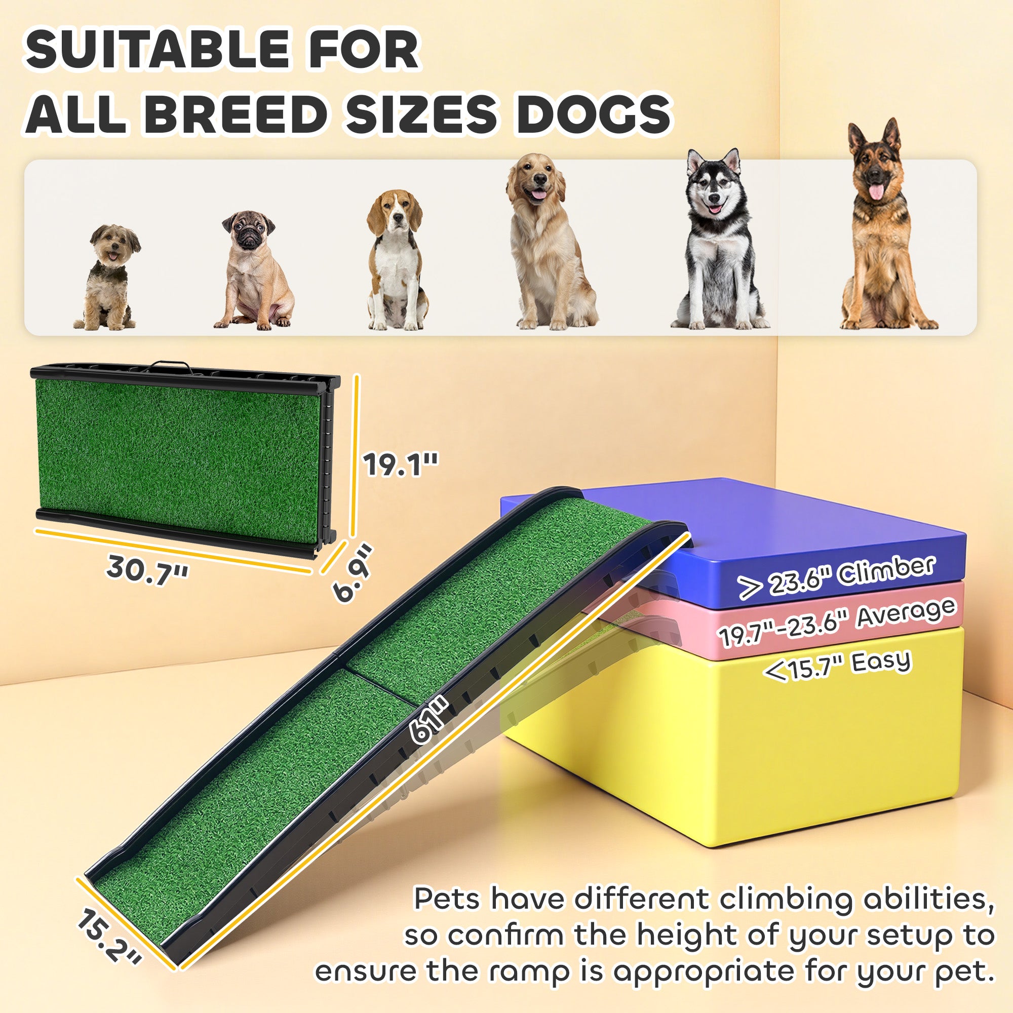 Folding Dog Ramp for Car, Truck, SUV, 61 Inches Portable Pet Ramp with Grass Surface, Non Slip with Raised Side Rails