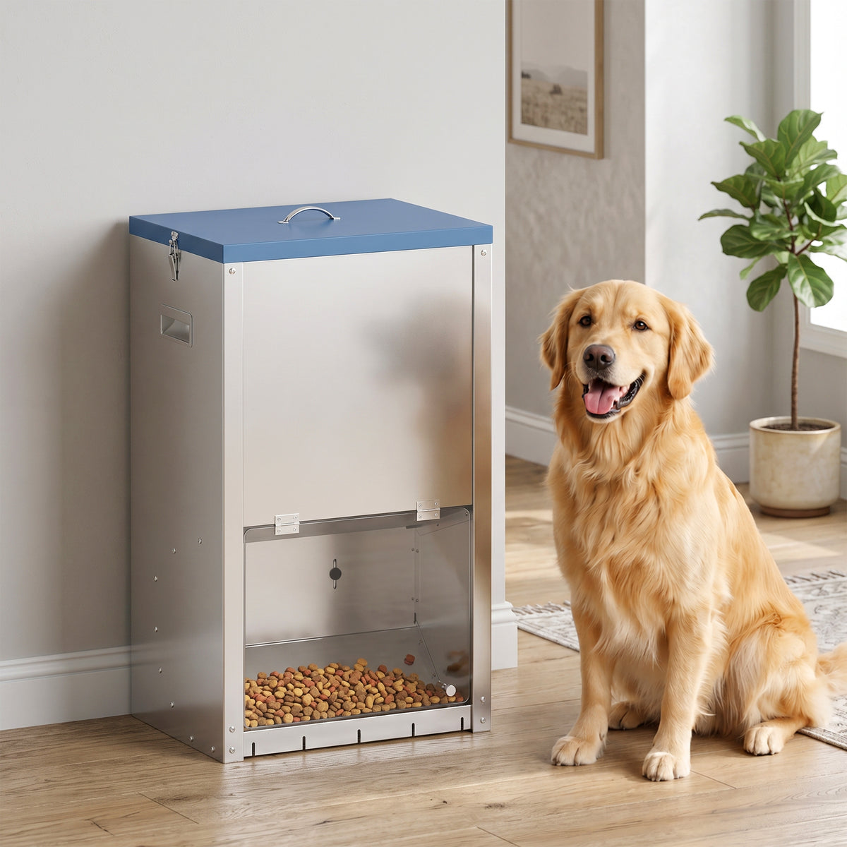 50lbs Automatic Dog Feeder, Galvanized Gravity Pet Feeder with Lockable Clear Door, Indoor and Outdoor Use, Wall Mountable, Portable Handles, Auto Dog Food Dispenser for Large Breeds