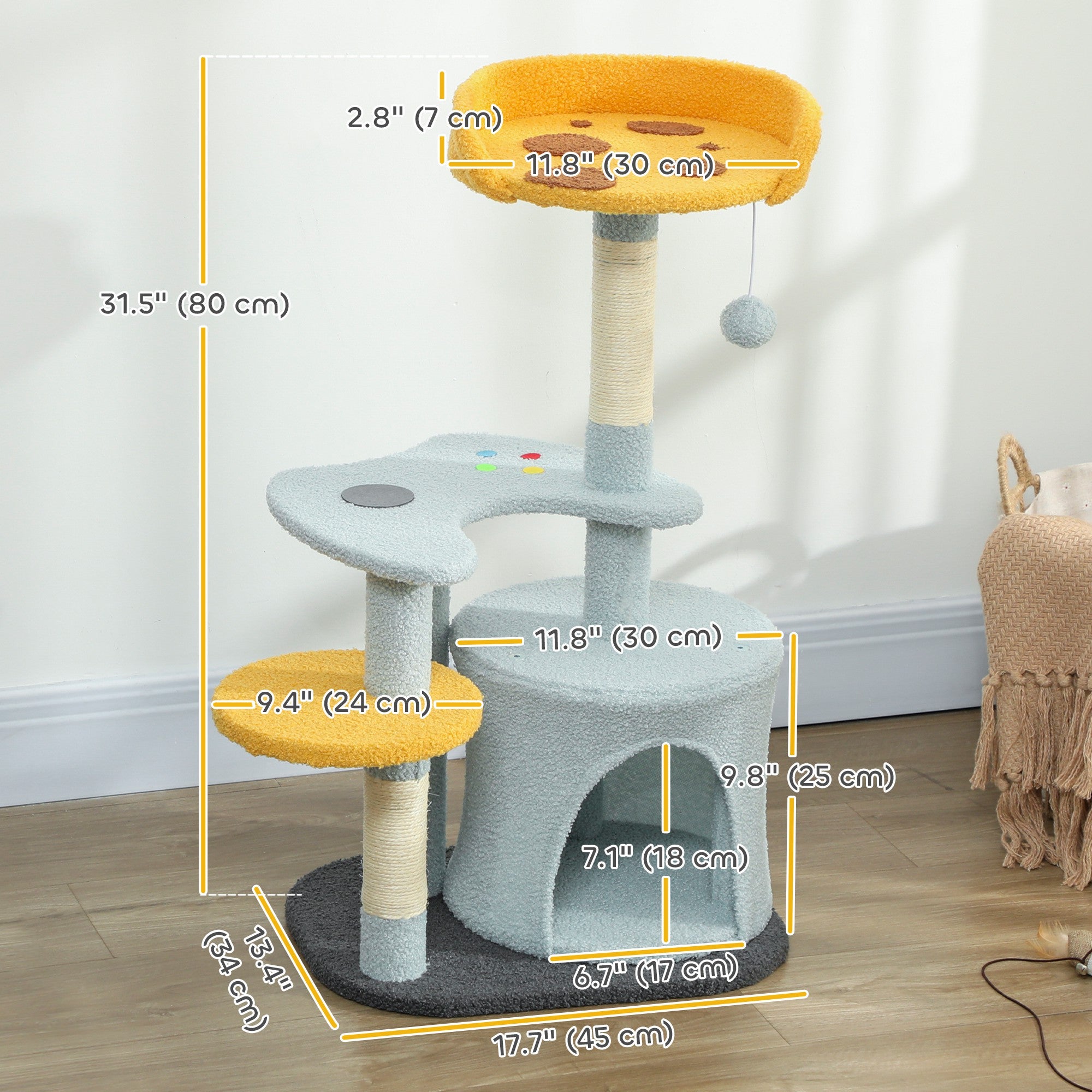 Cat Tree, 31.5 inch Cat Tower for Indoor Cats with Plush Perch, Gamepad Shaped Platform, Condo, Sisal Scratching Post and Toy Ball, Blue