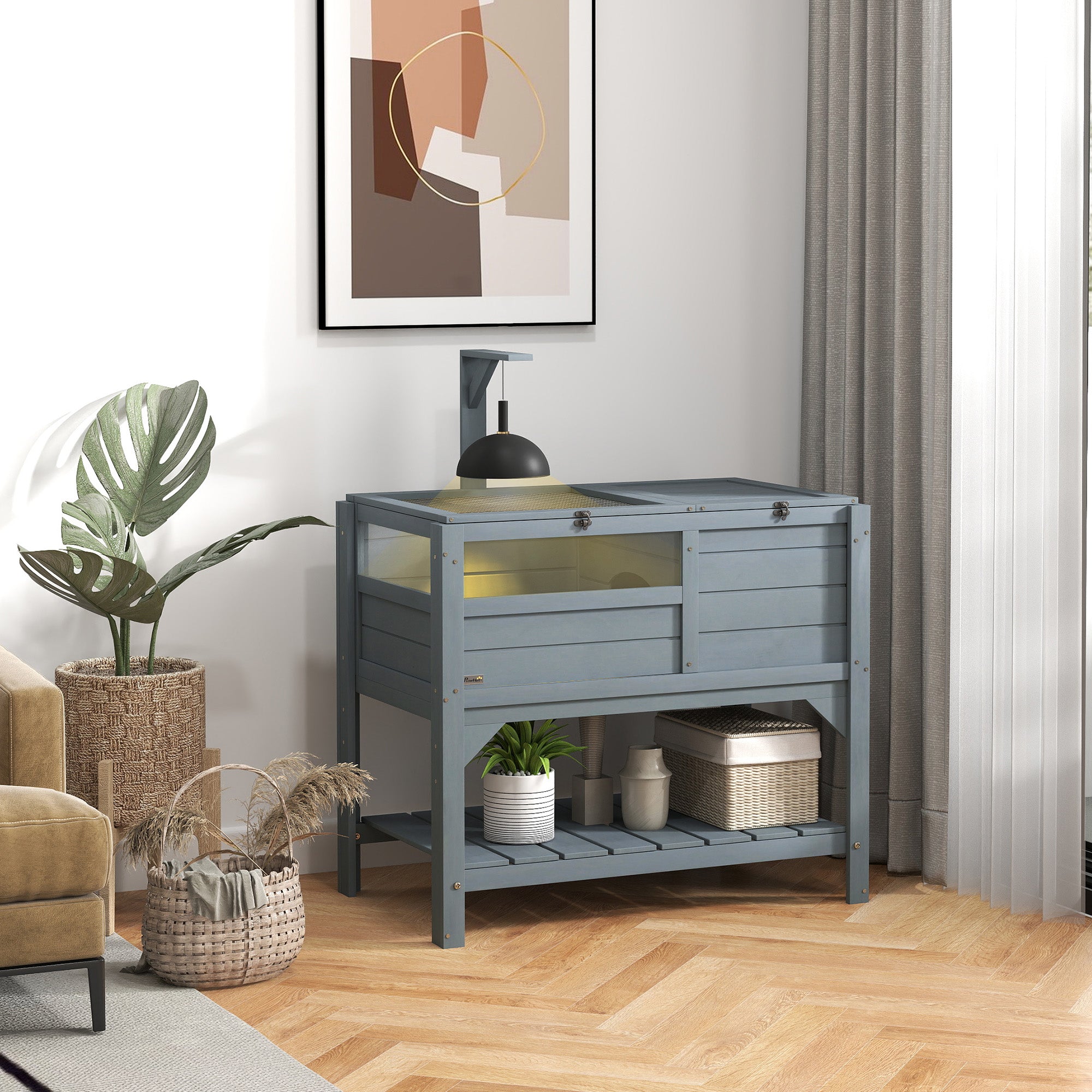 Tortoise Habitat with Shelf Storage, Tortoise Enclosure with Weather Protection, Tortoise Gift Accessory, Reptile Enclosure with Tray, Light Support Frame,  Gray