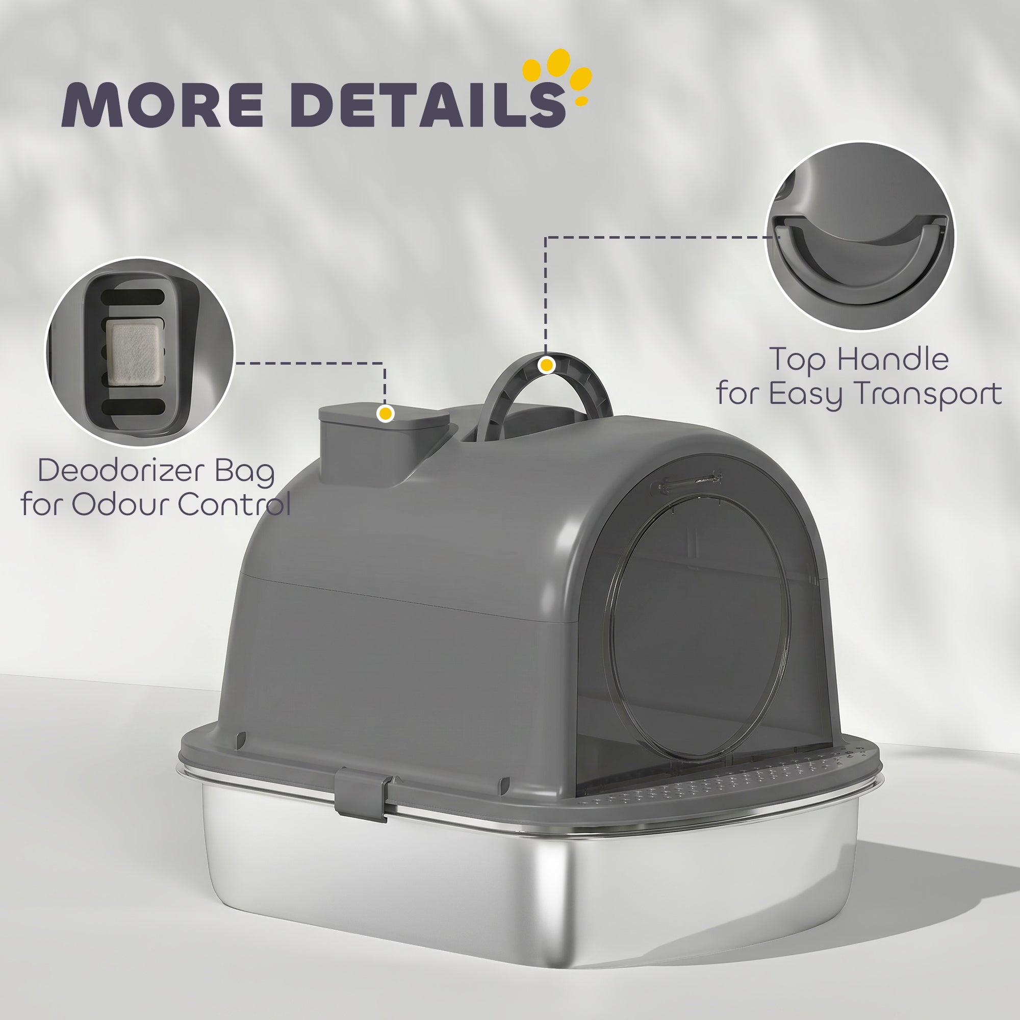 Stainless Steel Litter Box with Lid, Enclosed Cat Litter Box with Scoop, Deodorizer Bag, Handle, Odour Control, Non-Sticky and Easy to Clean, Dark Grey