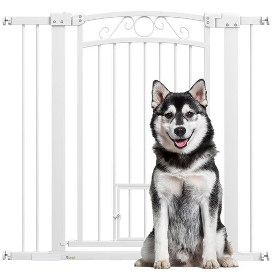 Dog Gate, Walk Through Pet Gate with Small Pet Door, Auto Close, for Doorways, House, Stair, 2 Extension Kits, Pressure Mount Kit, 30"-41" W x 38" H