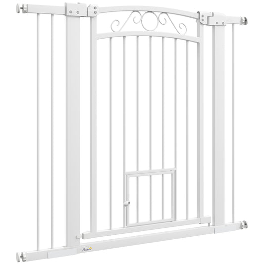 Dog Gate, Walk Through Pet Gate with Small Pet Door, Auto Close, for Doorways, House, Stair, 2 Extension Kits, Pressure Mount Kit, 30"-41" W x 38" H