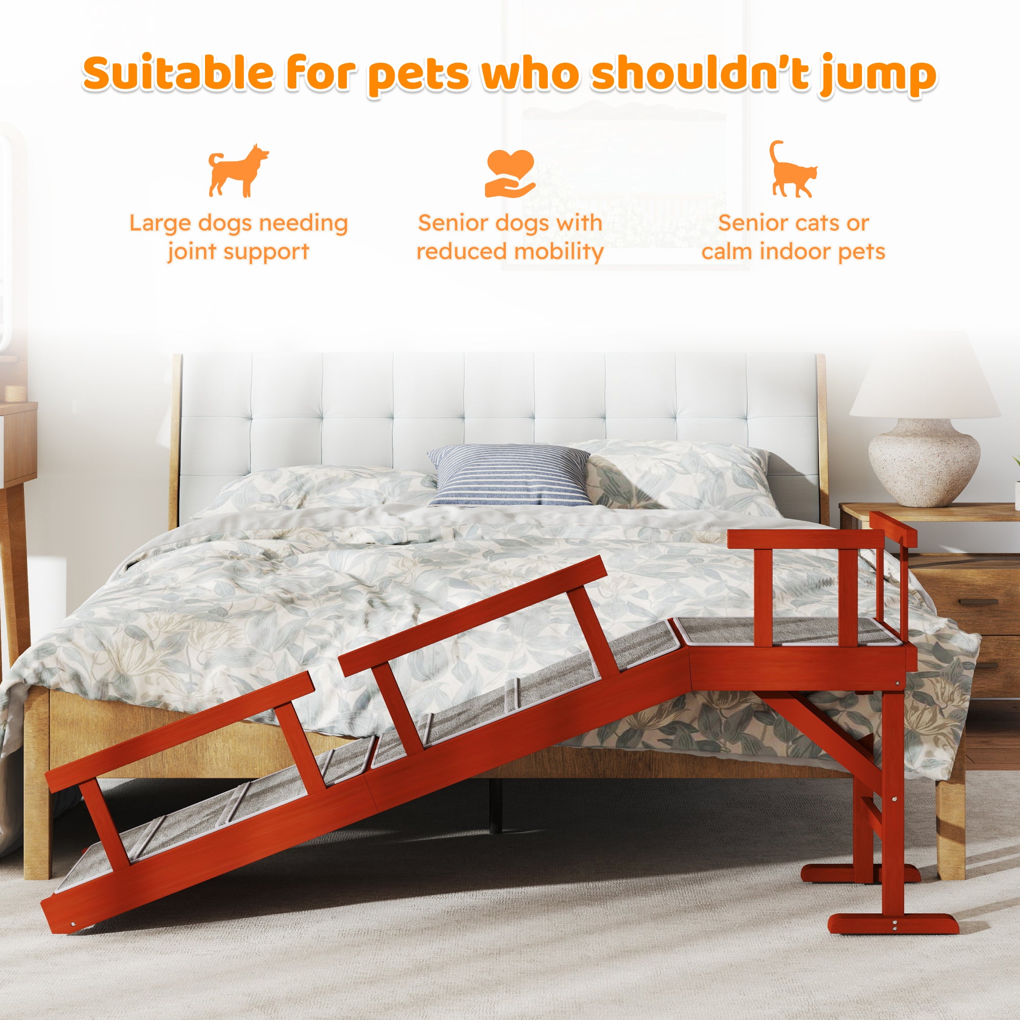 Wooden Dog Ramp, 60" Long Pet Ramp with Non-slip Rug & Removable Guardrails, Brown