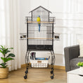 Load image into Gallery viewer, 53.9'' Large Rolling Steel Bird Cage Bird House with Detachable Rolling Stand, Storage Shelf, Wood Perch, Food Container, Black
