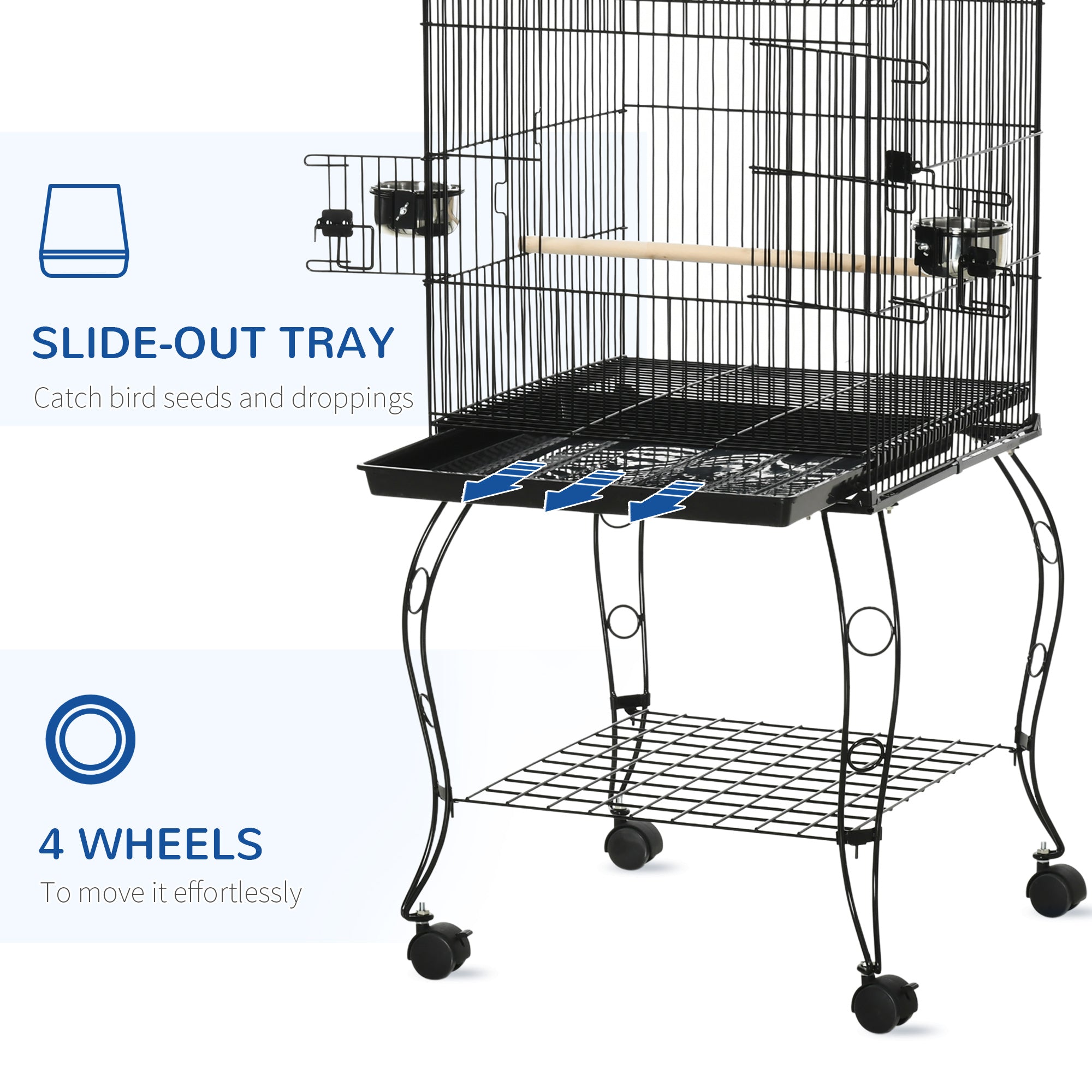 53.9'' Large Rolling Steel Bird Cage Bird House with Detachable Rolling Stand, Storage Shelf, Wood Perch, Food Container, Black