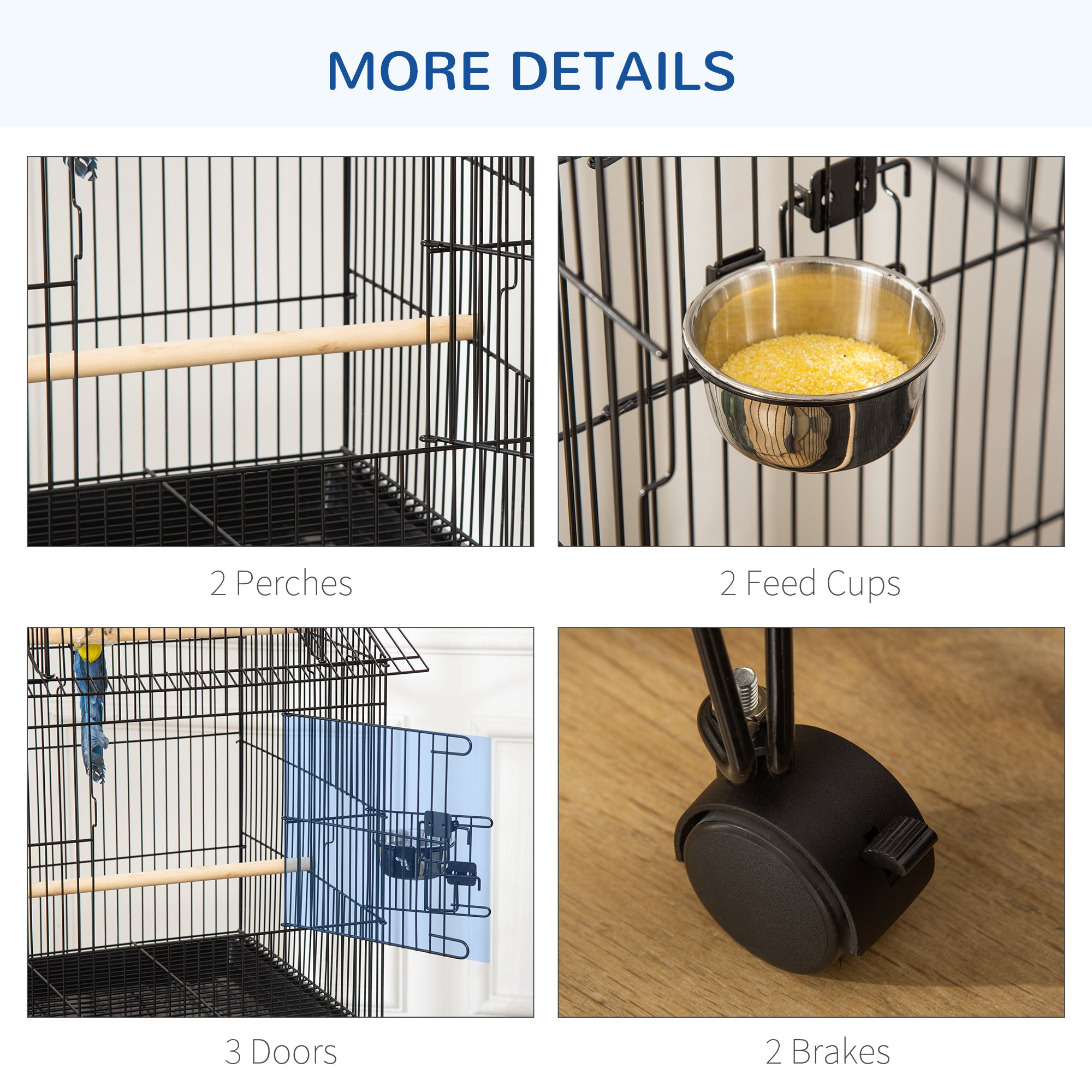 53.9'' Large Rolling Steel Bird Cage Bird House with Detachable Rolling Stand, Storage Shelf, Wood Perch, Food Container, Black