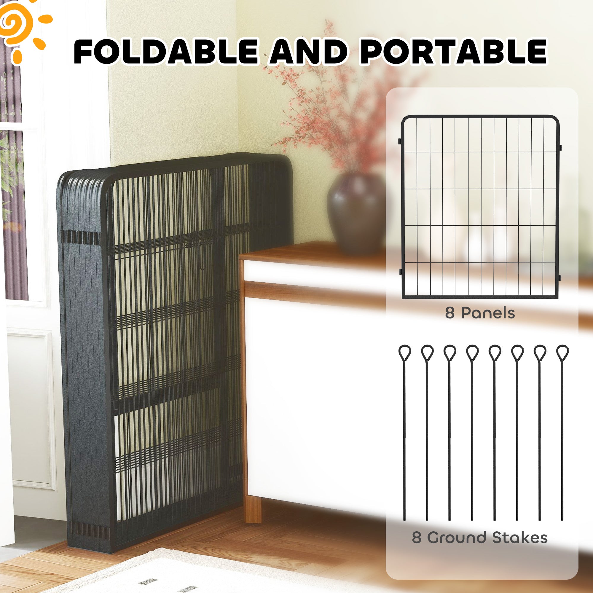 Dog Pen, 8 Panel Puppy Pen, Steel Dog Playpen, for Medium Breeds, 80cm Tall, Black