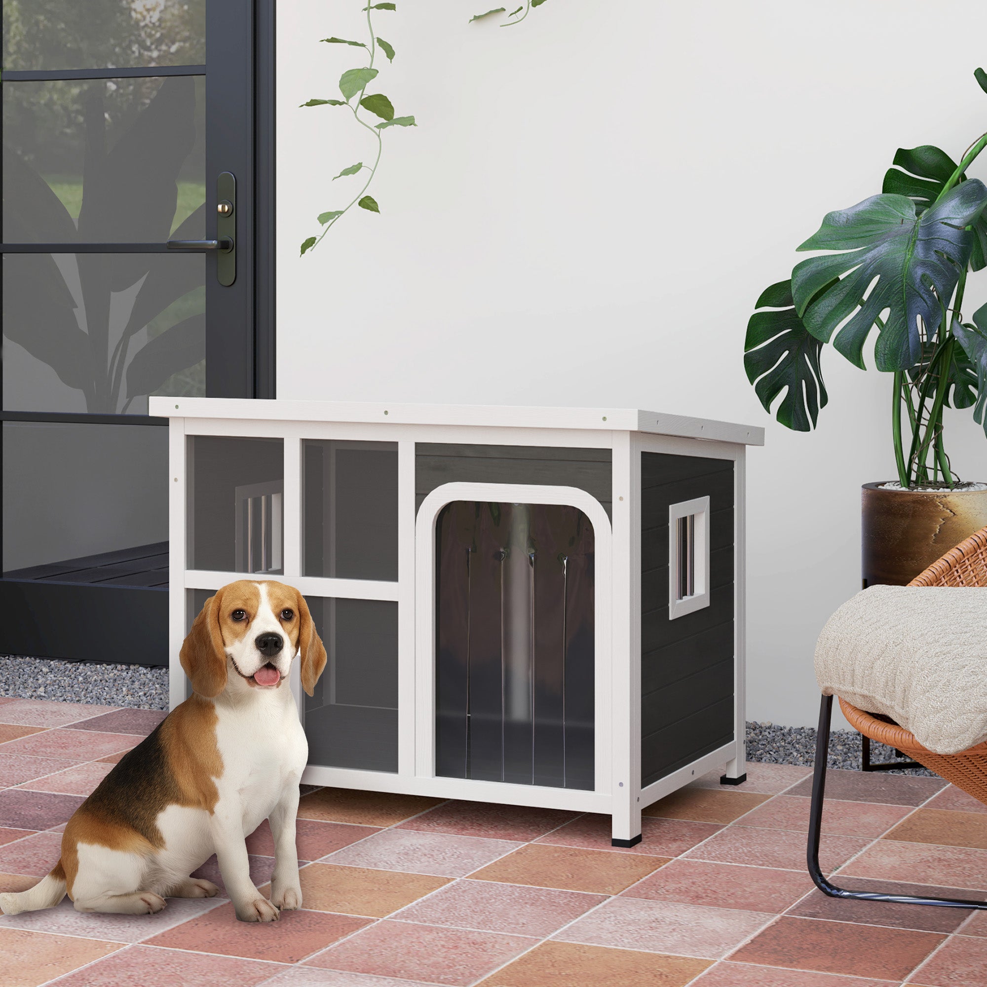 Outdoor Dog Kennel, Wooden Dog House Shelter with Asphalt Openable Top, Removable Floor, Clear Front Panel, Curtain, Windows, for Small, Medium Puppies, 90 x 62 x 71cm, Light Grey