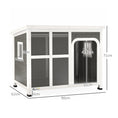 Load image into Gallery viewer, Outdoor Dog Kennel, Wooden Dog House Shelter with Asphalt Openable Top, Removable Floor, Clear Front Panel, Curtain, Windows, for Small, Medium Puppies, 90 x 62 x 71cm, Light Grey
