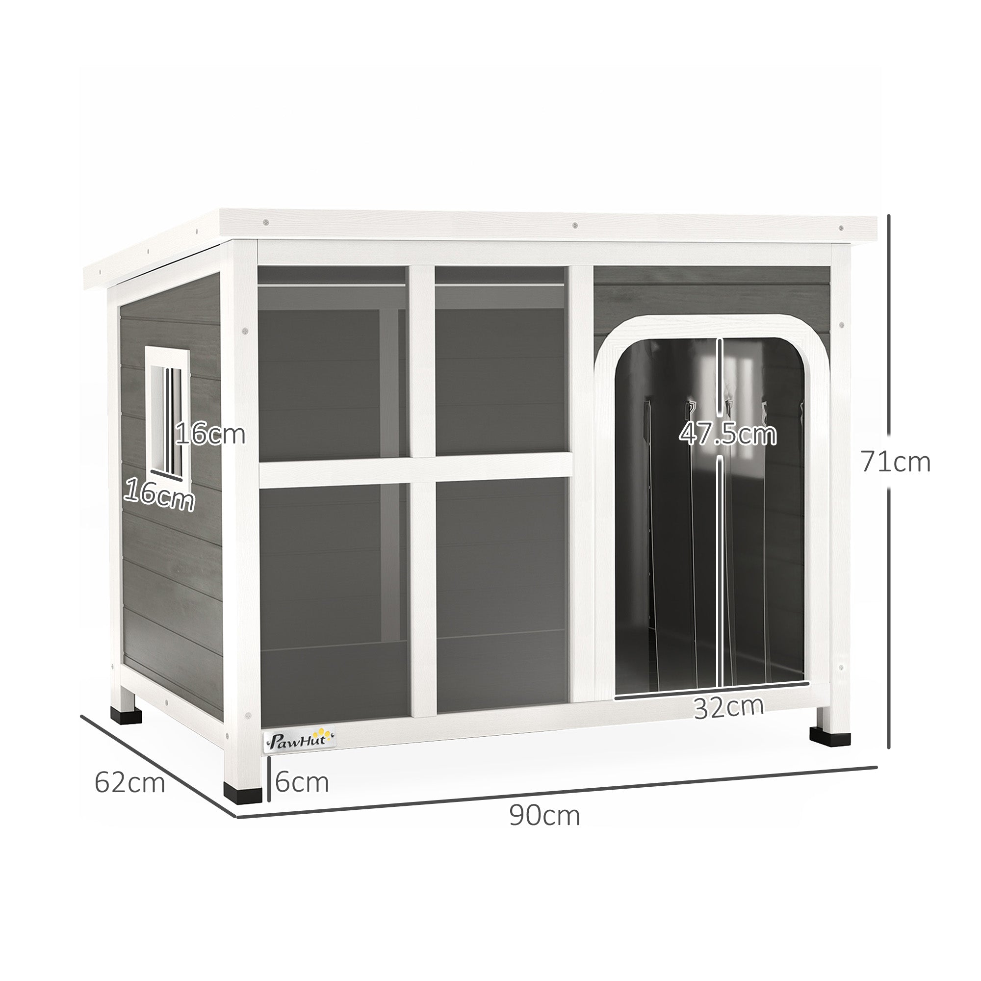 Outdoor Dog Kennel, Wooden Dog House Shelter with Asphalt Openable Top, Removable Floor, Clear Front Panel, Curtain, Windows, for Small, Medium Puppies, 90 x 62 x 71cm, Light Grey