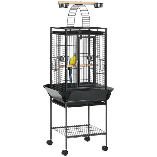 156cm Bird Cage,Large Parrot Cage with Open Play Top, Perch, Seed Guard, Wheels, Storage Shelf for Budgie, Cockatiel, Conure, Lovebird, Dark Grey