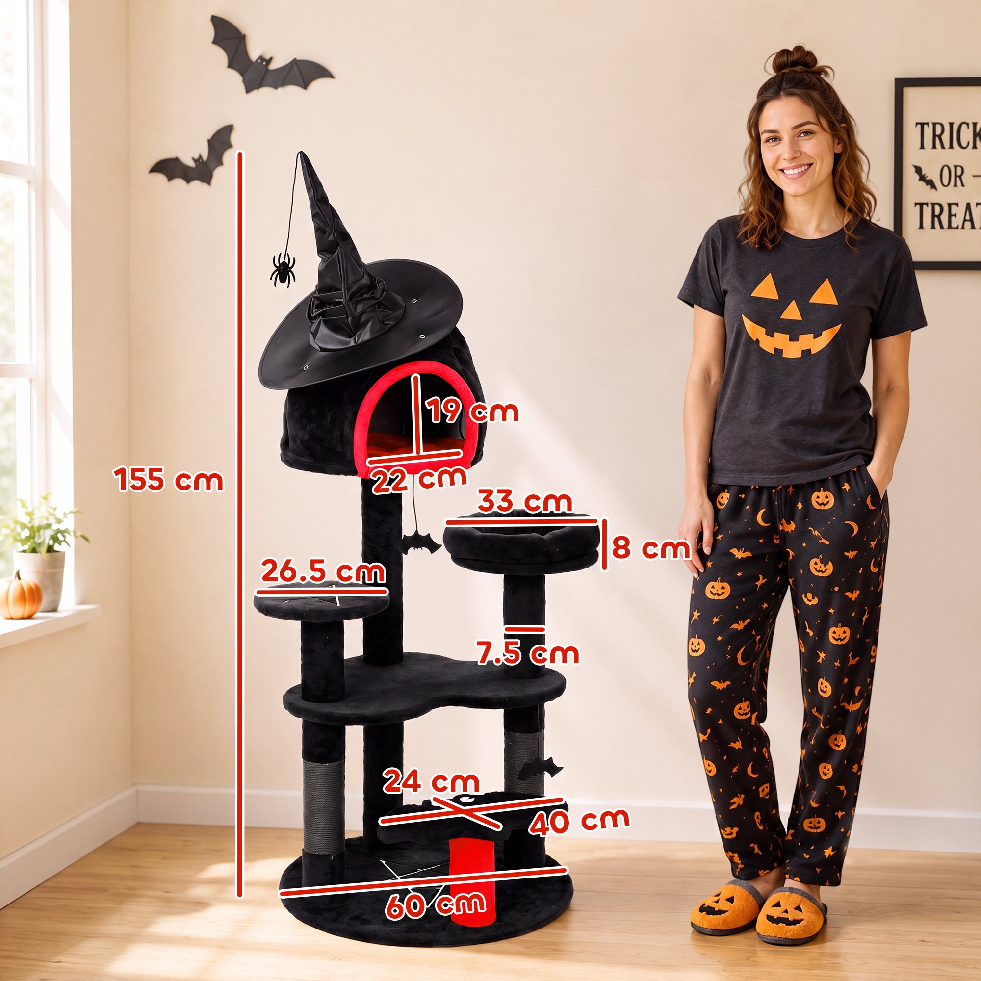 Gothic Cat Tree, 155cm Cat Tower for Indoor Kittens, Multi-Level Stable Kitten Activity Centre with Sisal Scratching Posts, Bed and Condo for Climbing, Playing, Relaxing, Black, Halloween