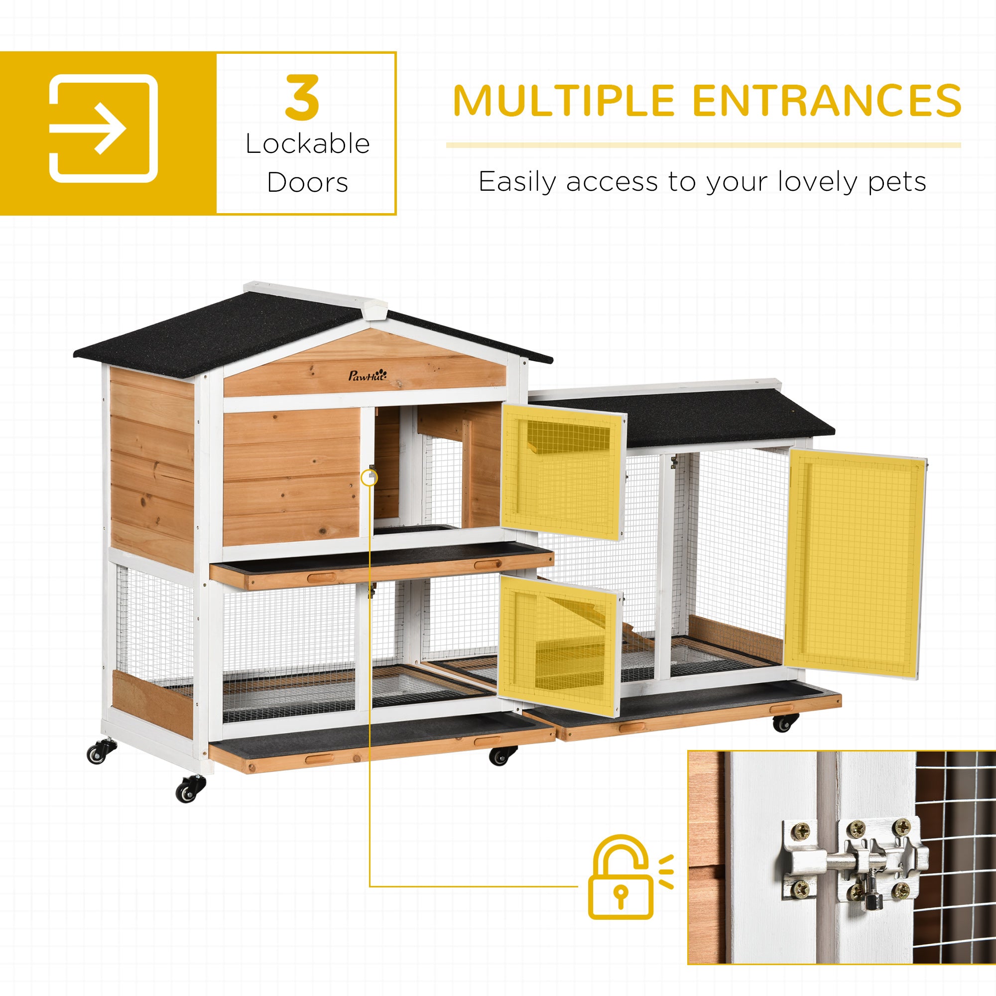 PawHut 62" Rabbit Hutch, Wooden Bunny Hutch, Guinea Pig Cage, Small Animal Enclosure with Wheels, Run Area, Removable Tray, Asphalt Roof, Lockable Doors and Ramp, Nature Wood