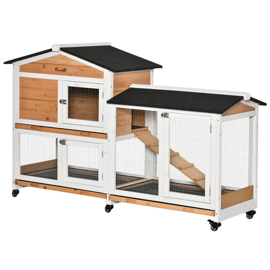 62" Wooden Rabbit Hutch, Bunny Cage with Wheels, Run Box, Tray, Ramp for Small Animals, Guinea Pig, Indoor Outdoor Use, Yellow
