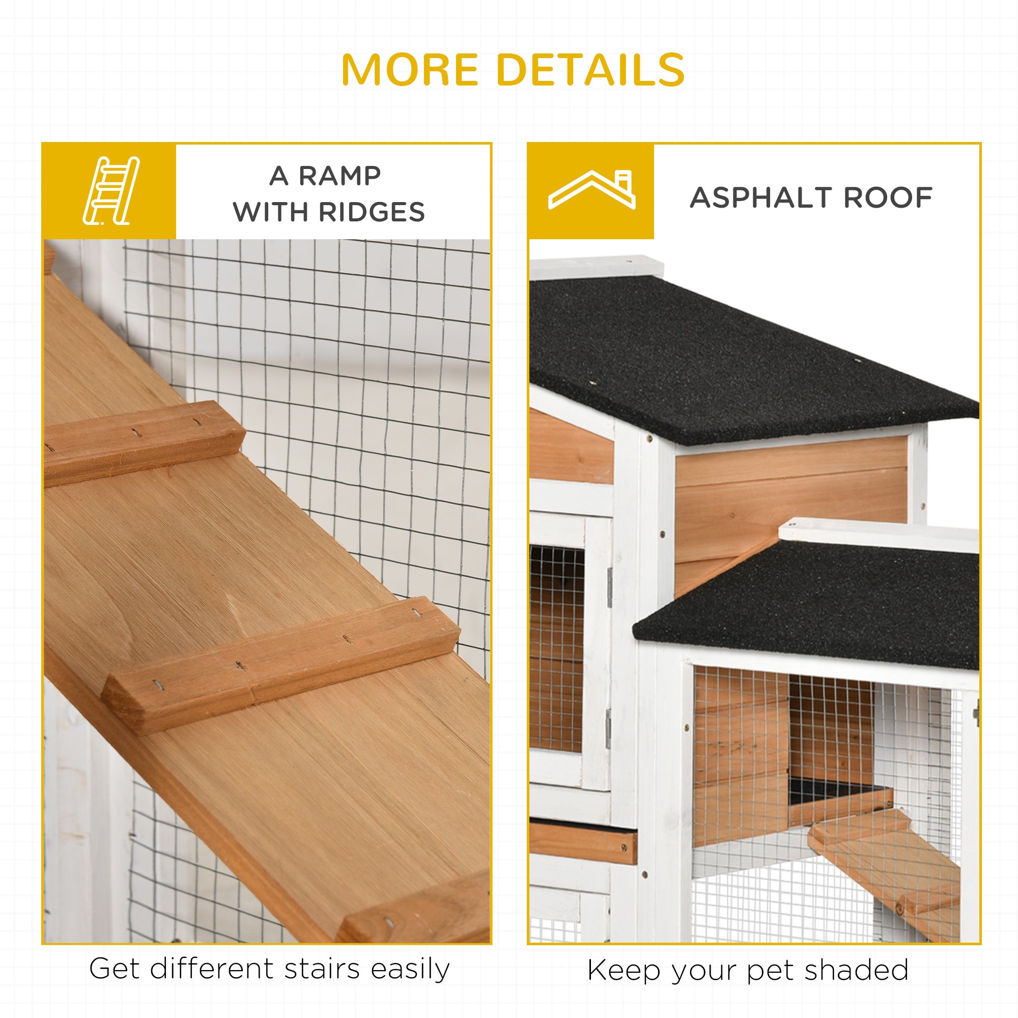 62" Wooden Rabbit Hutch, Bunny Cage with Wheels, Run Box, Tray, Ramp for Small Animals, Guinea Pig, Indoor Outdoor Use, Yellow