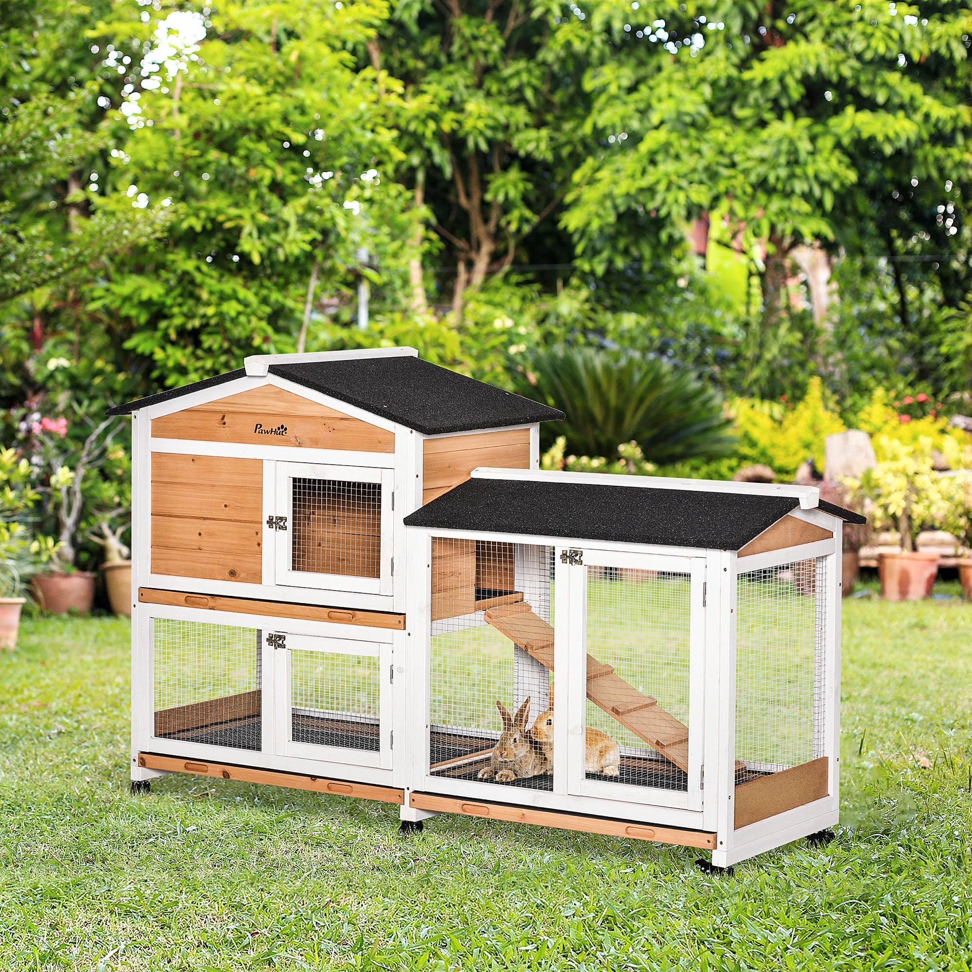 62" Wooden Rabbit Hutch, Bunny Cage with Wheels, Run Box, Tray, Ramp for Small Animals, Guinea Pig, Indoor Outdoor Use, Yellow