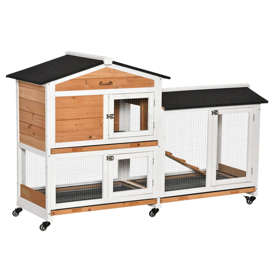 62" Wooden Rabbit Hutch, Bunny Cage with Wheels, Run Box, Tray, Ramp for Small Animals, Guinea Pig, Indoor Outdoor Use, Yellow