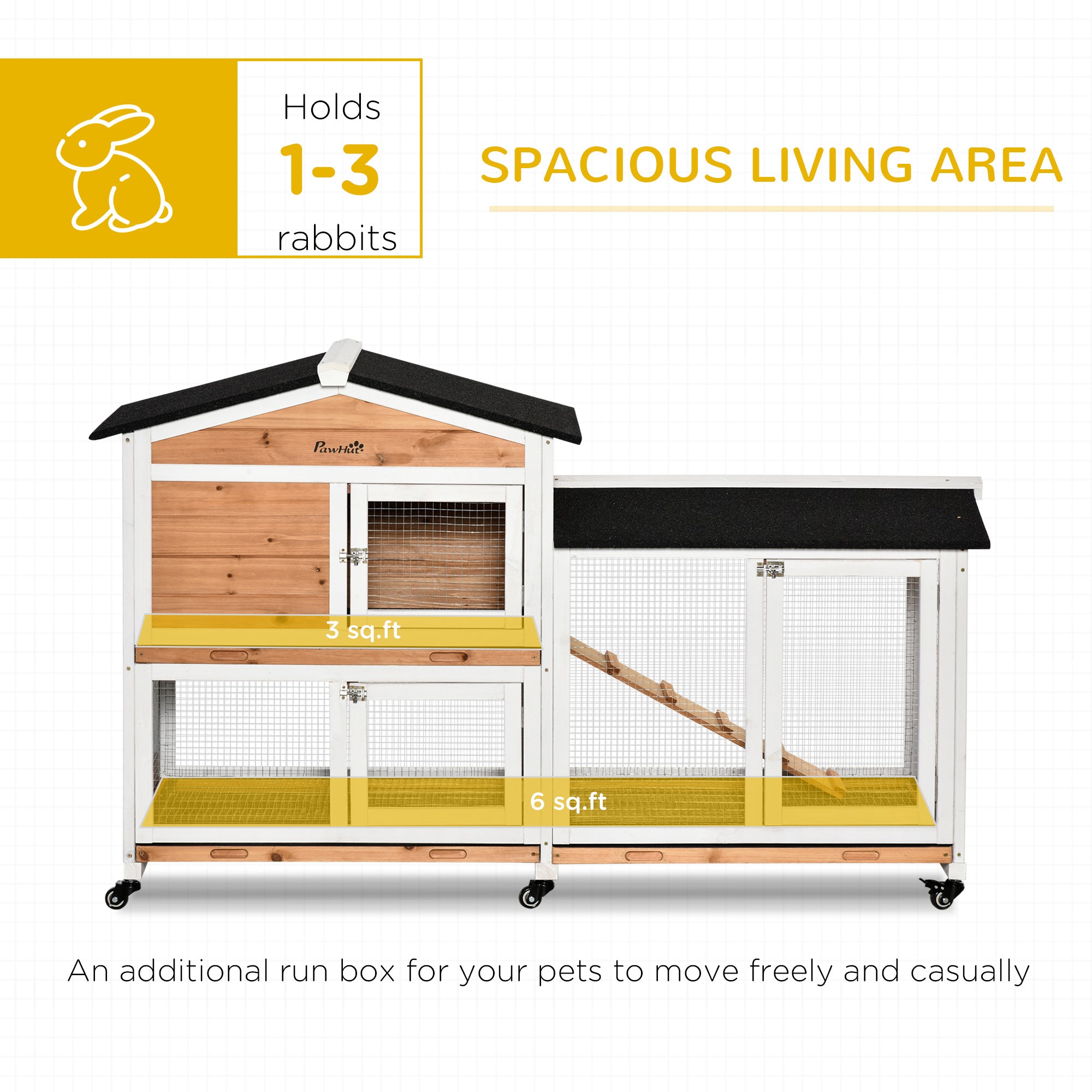 PawHut 62" Rabbit Hutch, Wooden Bunny Hutch, Guinea Pig Cage, Small Animal Enclosure with Wheels, Run Area, Removable Tray, Asphalt Roof, Lockable Doors and Ramp, Nature Wood