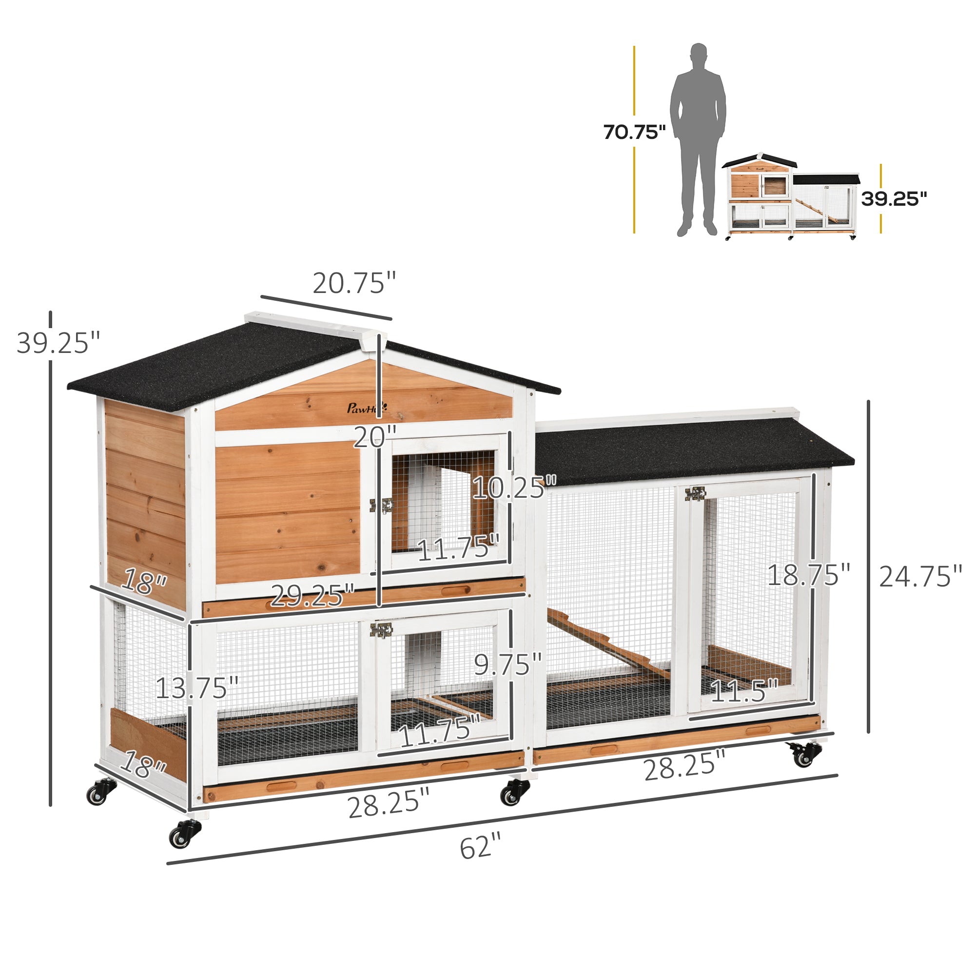 PawHut 62" Rabbit Hutch, Wooden Bunny Hutch, Guinea Pig Cage, Small Animal Enclosure with Wheels, Run Area, Removable Tray, Asphalt Roof, Lockable Doors and Ramp, Nature Wood