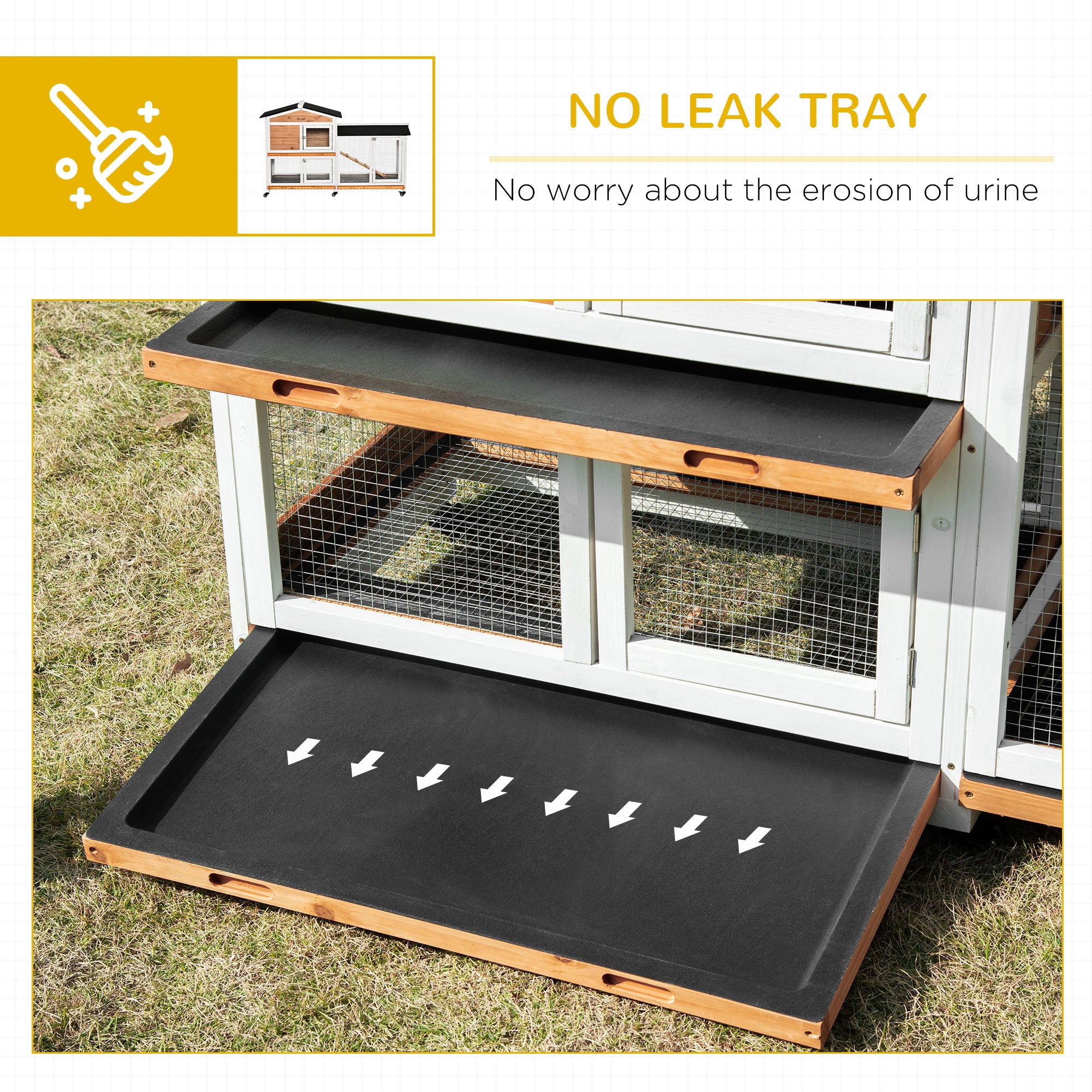 62" Wooden Rabbit Hutch, Bunny Cage with Wheels, Run Box, Tray, Ramp for Small Animals, Guinea Pig, Indoor Outdoor Use, Yellow