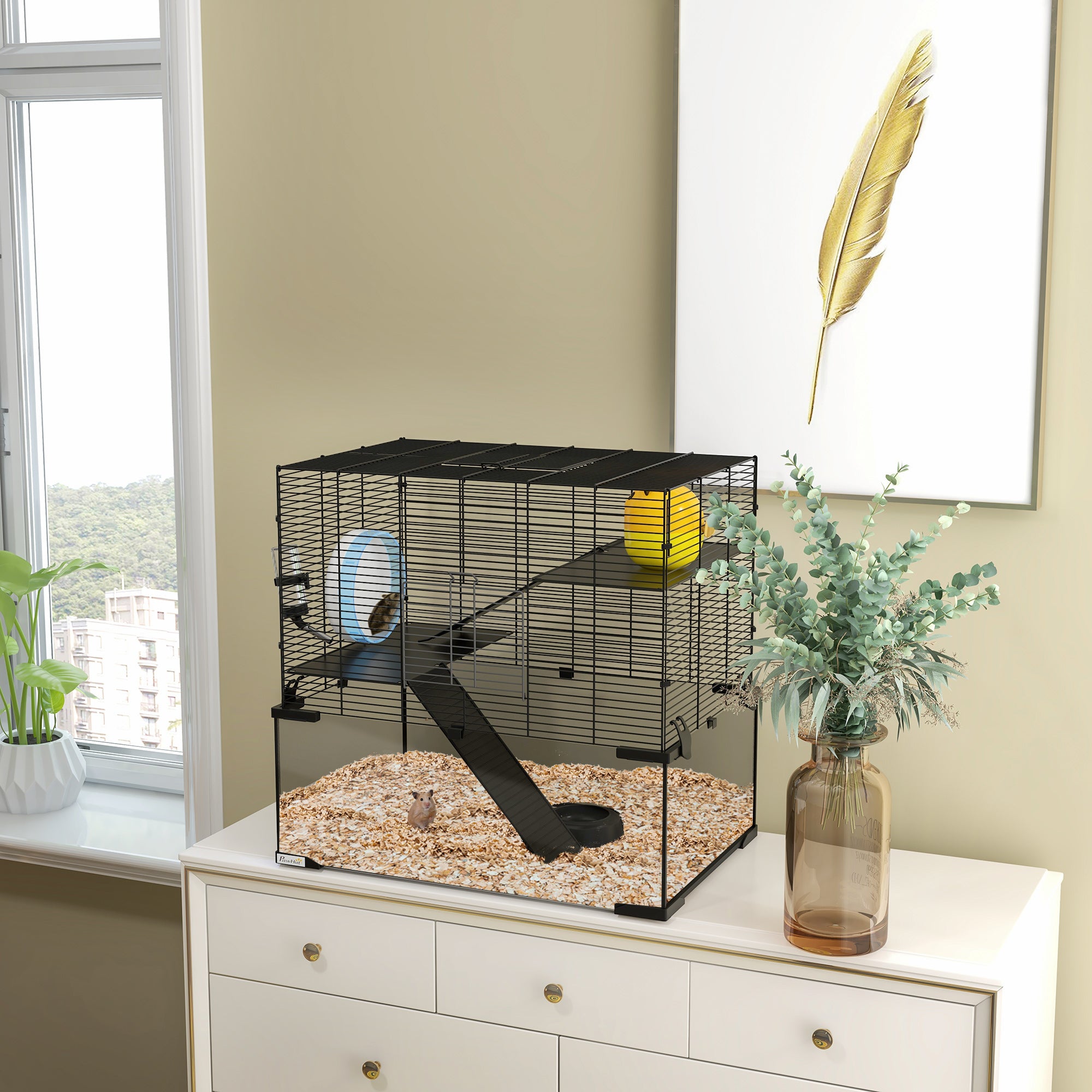 3 Tiers Hamster Cage, Gerbil Cage with Deep Glass Bottom, Non-Slip Ramps, Platforms, Hut, Exercise Wheels, Water Bottle, Dish, for Syrian Hamster, Dwarf Hamster, 60 x 40 x 57cm