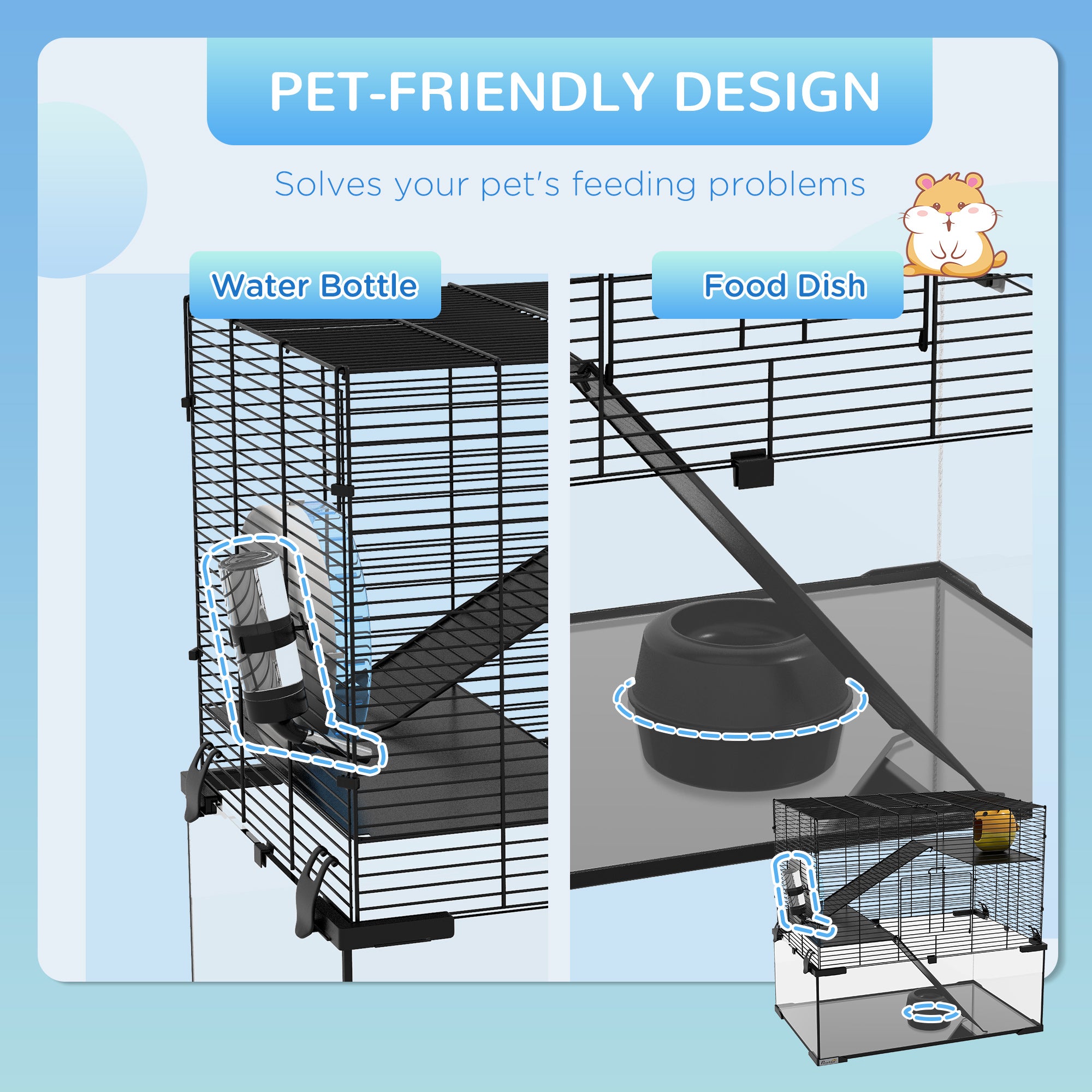Hamster Cage, Gerbil Cage with Glass Basin, Ramps, Platforms, Hut, Exercise Wheel, Water Bottle, Dish, for Syrian and Dwarf Hamsters, 24" x 16" x 21.5"