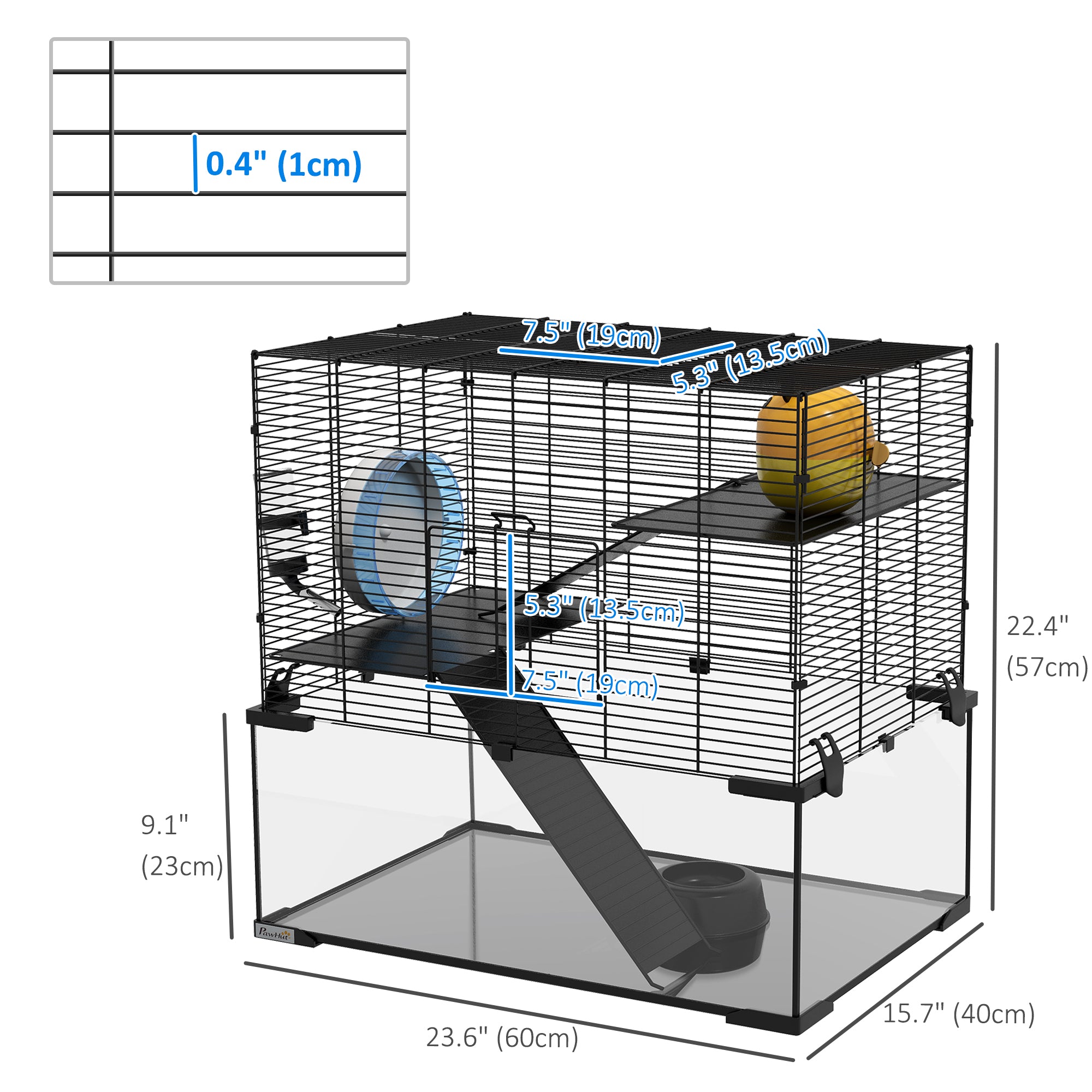 Hamster Cage, Gerbil Cage with Glass Basin, Ramps, Platforms, Hut, Exercise Wheel, Water Bottle, Dish, for Syrian and Dwarf Hamsters, 24" x 16" x 21.5"