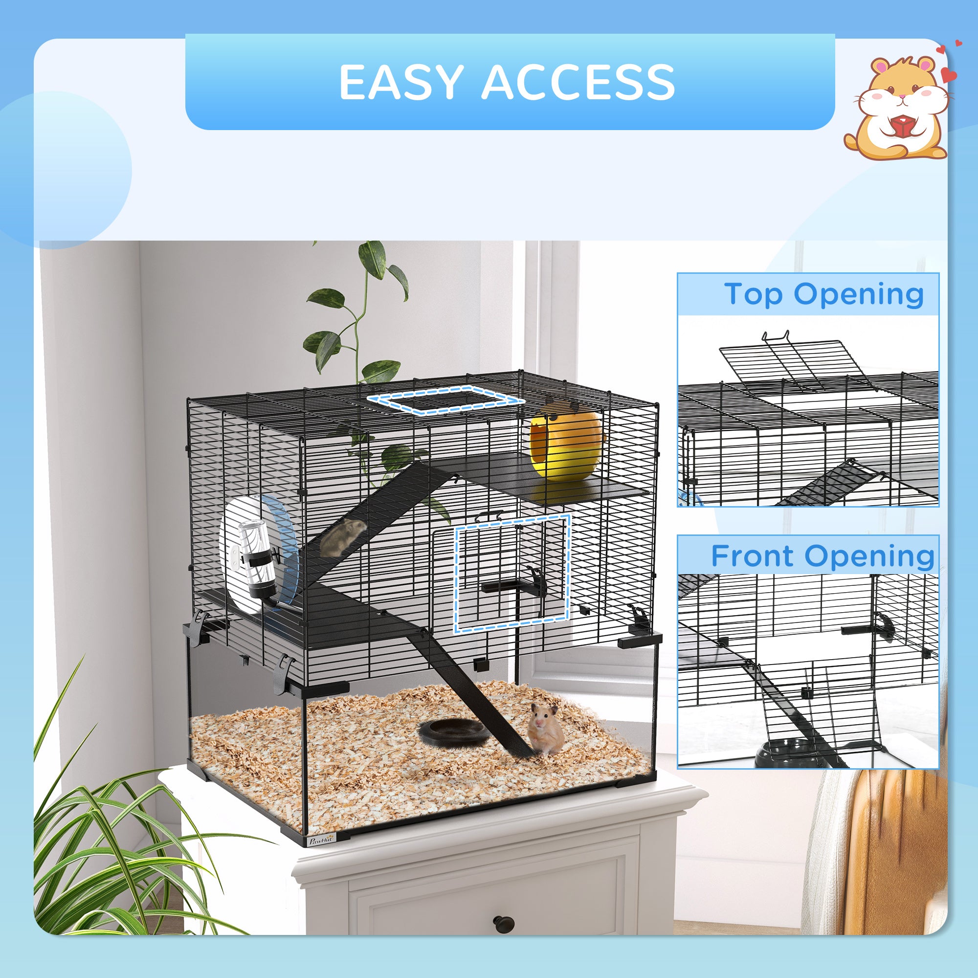 Hamster Cage, Gerbil Cage with Glass Basin, Ramps, Platforms, Hut, Exercise Wheel, Water Bottle, Dish, for Syrian and Dwarf Hamsters, 24" x 16" x 21.5"
