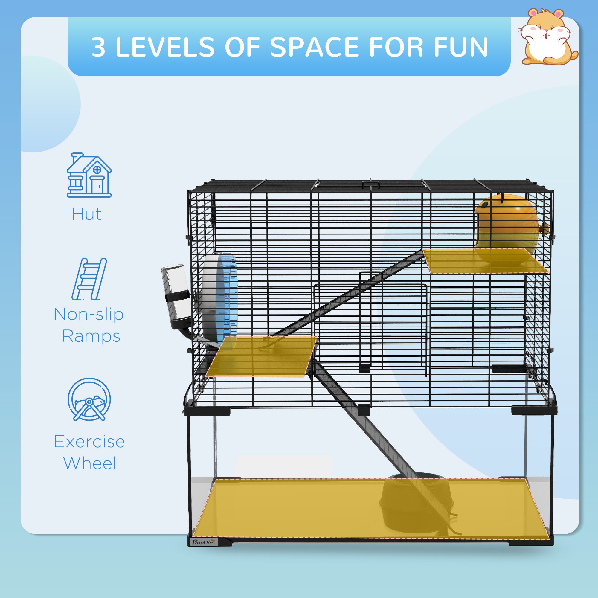 Hamster Cage, Gerbil Cage with Glass Basin, Ramps, Platforms, Hut, Exercise Wheel, Water Bottle, Dish, for Syrian and Dwarf Hamsters, 24" x 16" x 21.5"