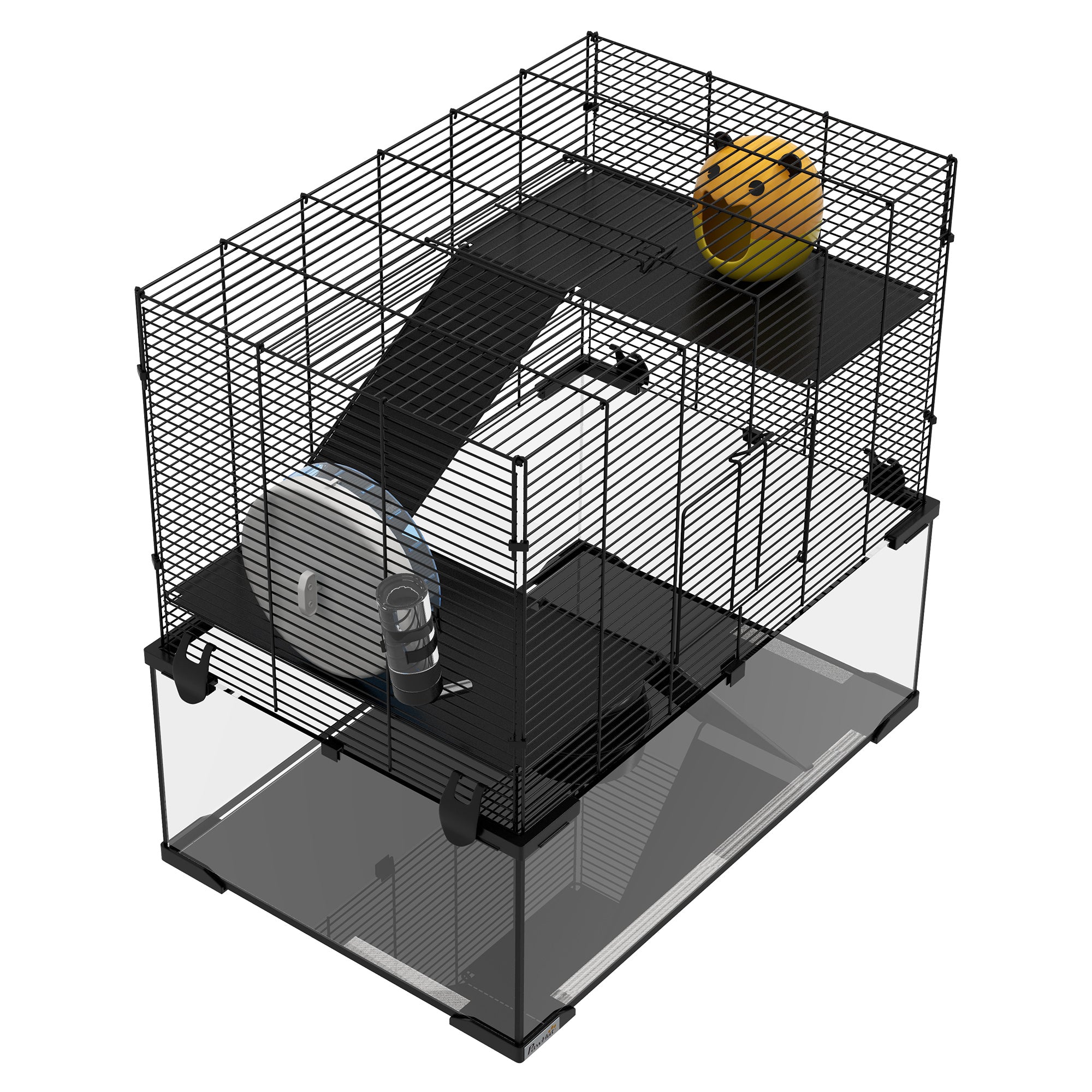 Hamster Cage, Gerbil Cage with Glass Basin, Ramps, Platforms, Hut, Exercise Wheel, Water Bottle, Dish, for Syrian and Dwarf Hamsters, 24" x 16" x 21.5"