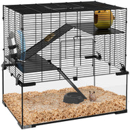 Hamster Cage, Gerbil Cage with Glass Basin, Ramps, Platforms, Hut, Exercise Wheel, Water Bottle, Dish, for Syrian and Dwarf Hamsters, 24" x 16" x 21.5"