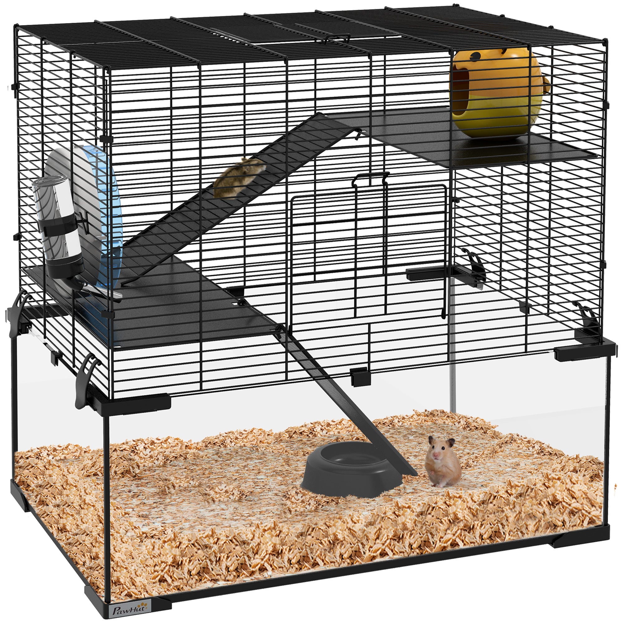 Hamster Cage, Gerbil Cage with Glass Basin, Ramps, Platforms, Hut, Exercise Wheel, Water Bottle, Dish, for Syrian and Dwarf Hamsters, 24" x 16" x 21.5"