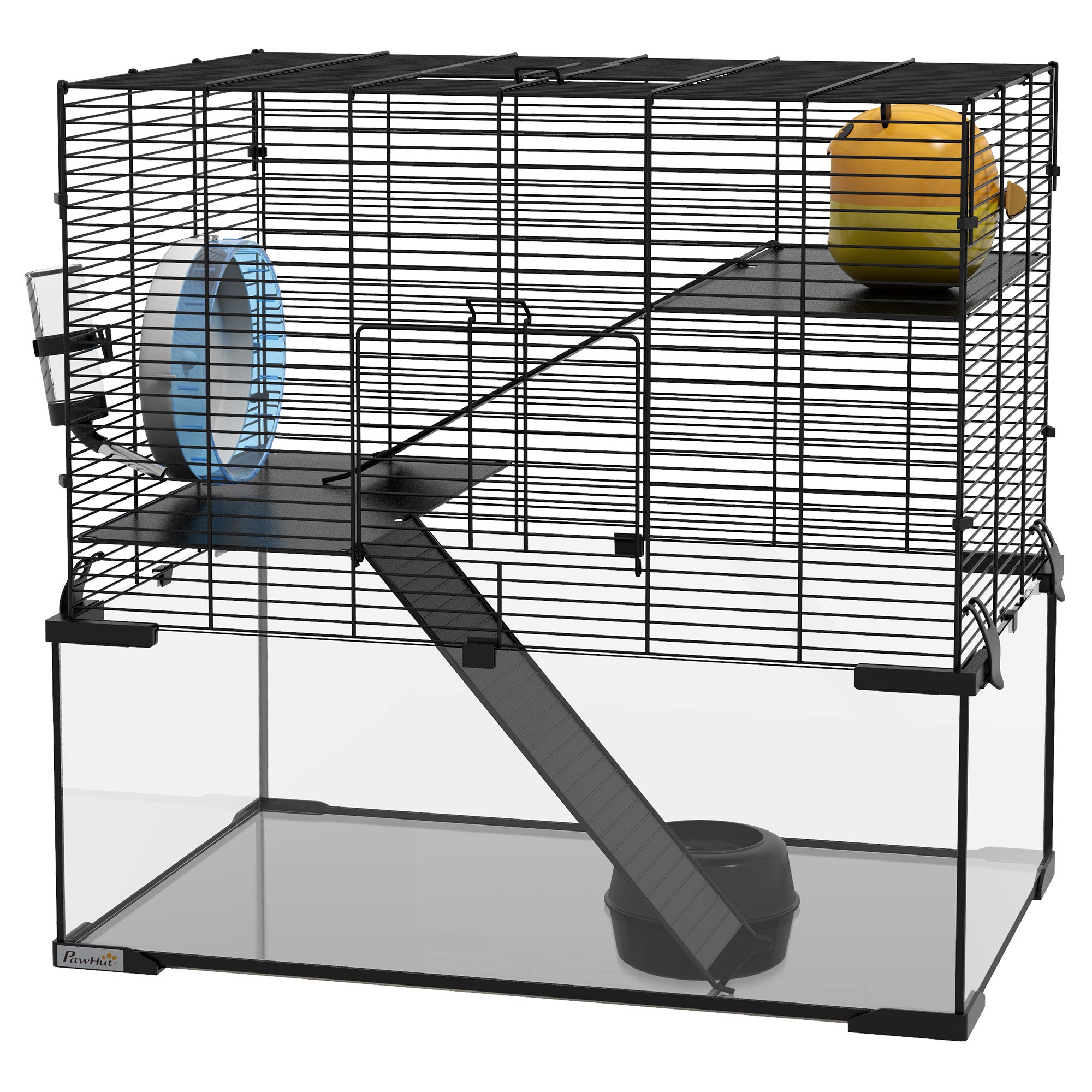 Hamster Cage, Gerbil Cage with Glass Basin, Ramps, Platforms, Hut, Exercise Wheel, Water Bottle, Dish, for Syrian and Dwarf Hamsters, 24" x 16" x 21.5"