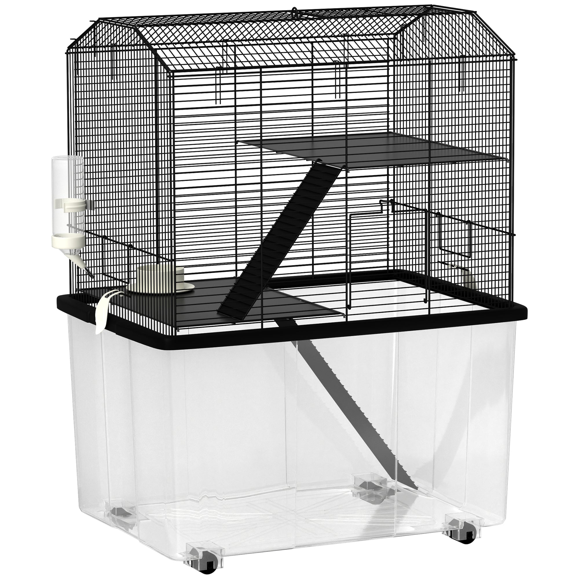 Hamster Cage, Gerbil Cage 3 Tier with Wheels, Deep Bottom, Ramps, Food Dish, Water Bottle, for Dwarf, Syrian, 57 x 43 x 74cm - Black