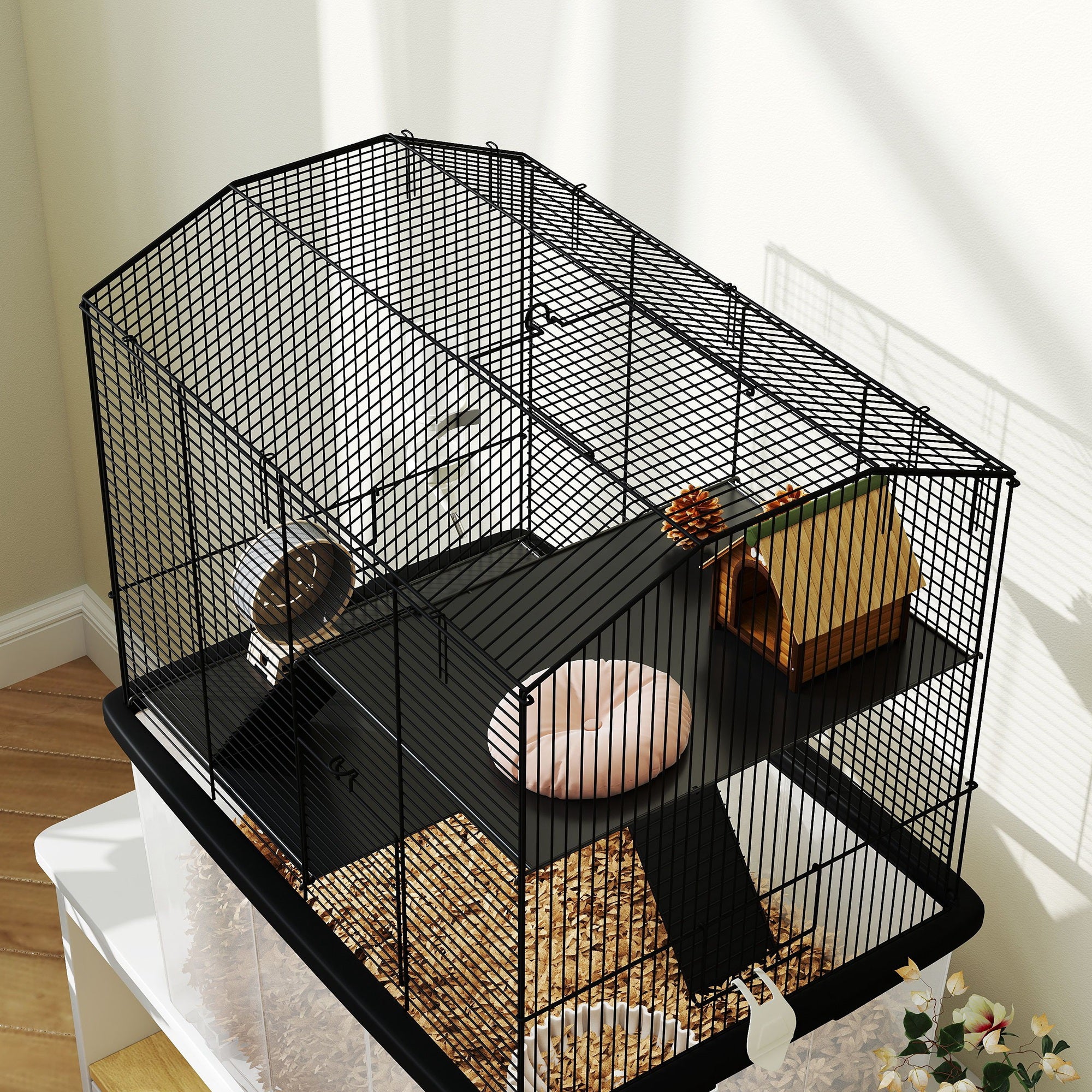 Hamster Cage, Gerbil Cage 3 Tier with Wheels, Deep Bottom, Ramps, Food Dish, Water Bottle, for Dwarf, Syrian, 57 x 43 x 74cm - Black