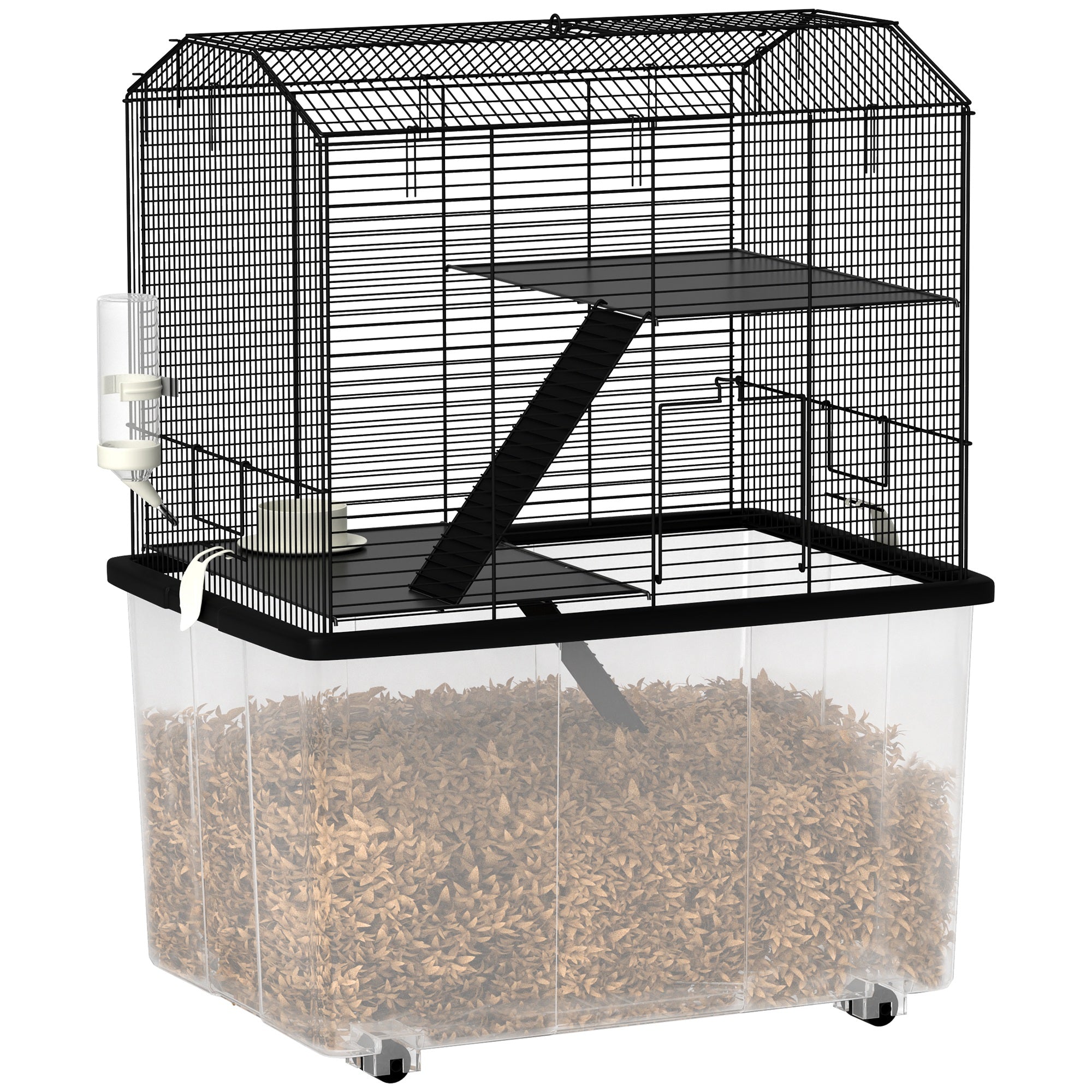 Hamster Cage, Gerbil Cage 3 Tier with Wheels, Deep Bottom, Ramps, Food Dish, Water Bottle, for Dwarf, Syrian, 57 x 43 x 74cm - Black